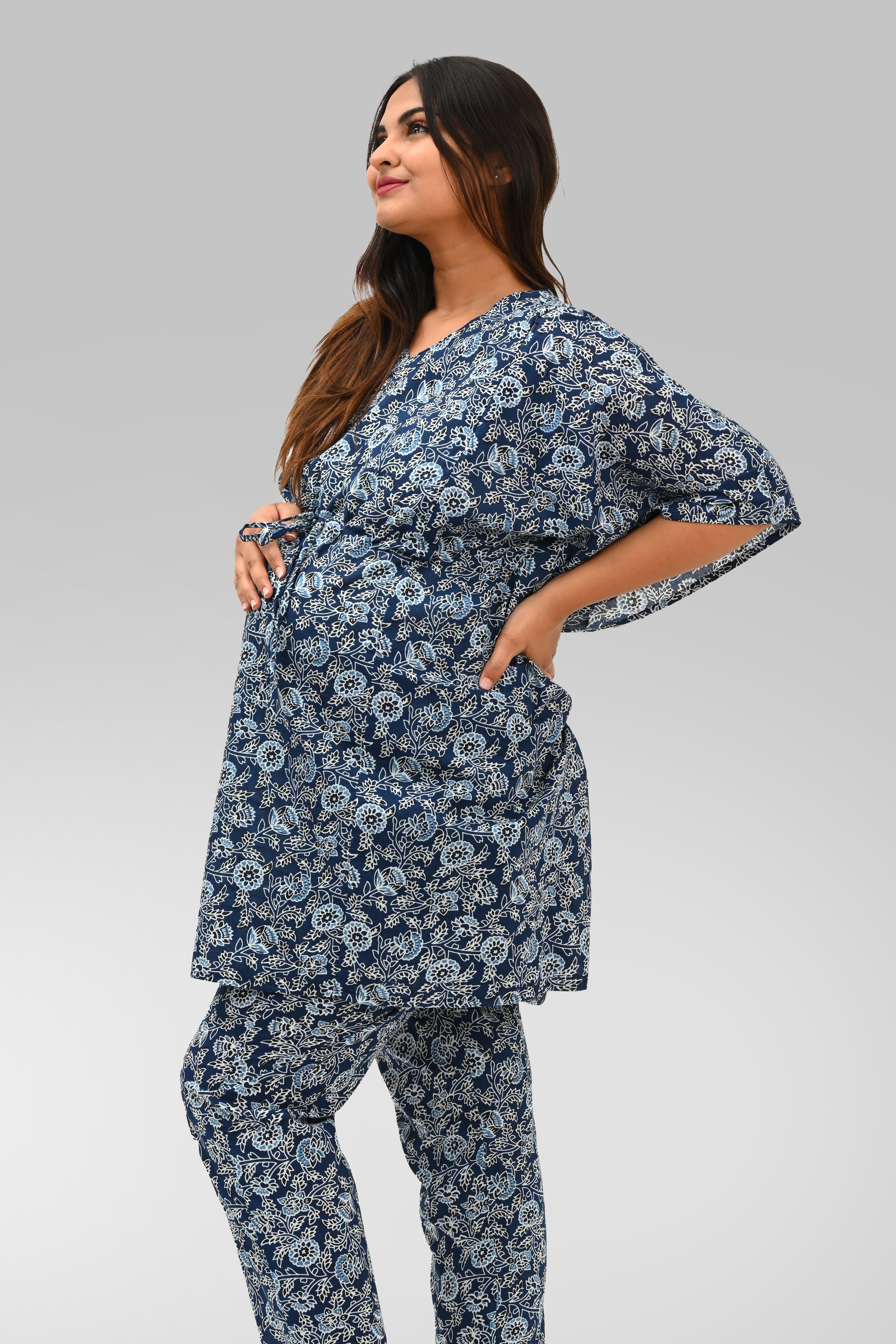 Floral Maternity and Feeding Kaftan Set in Deep Blue