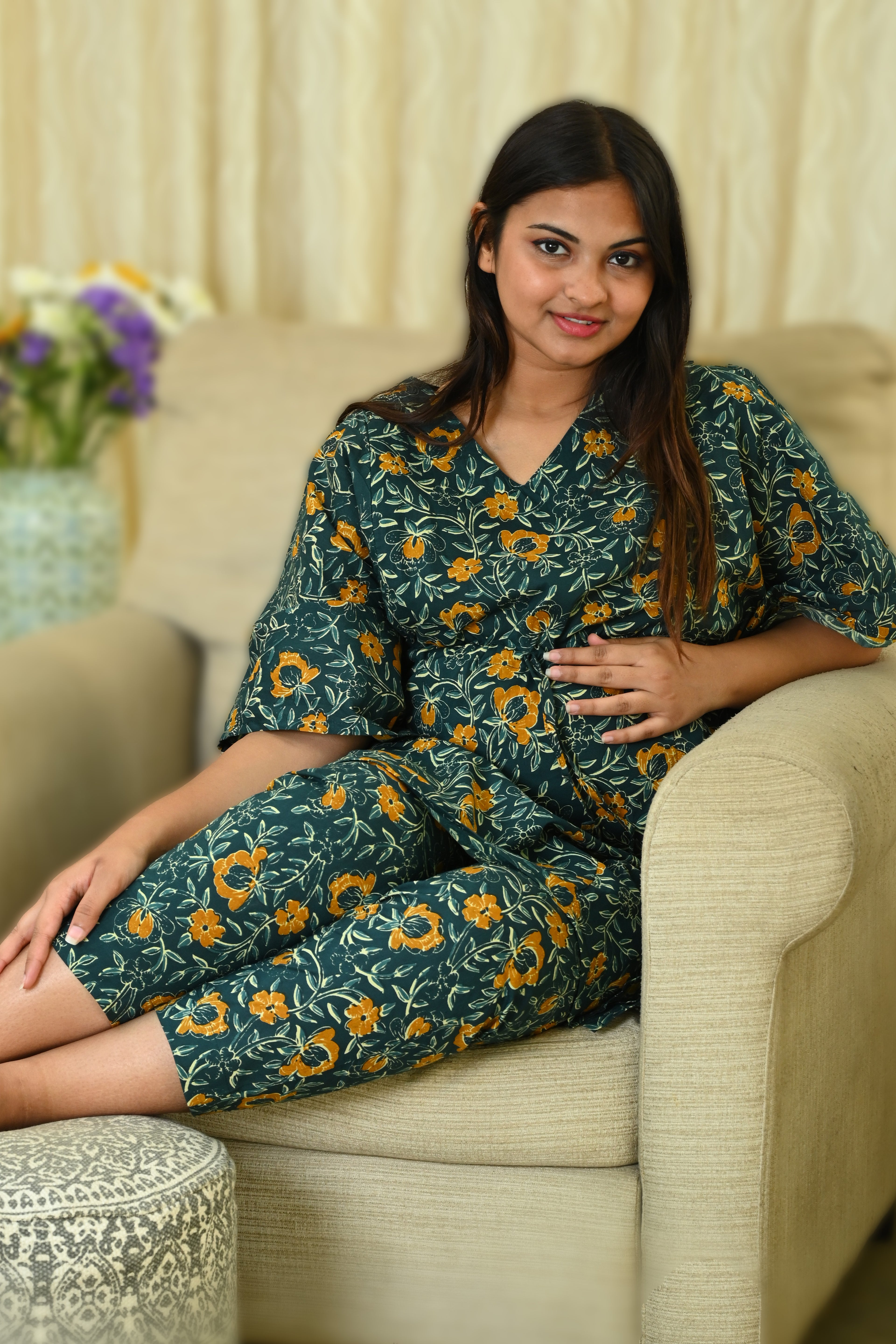 Floral Maternity and Feeding Kaftan Set in Green