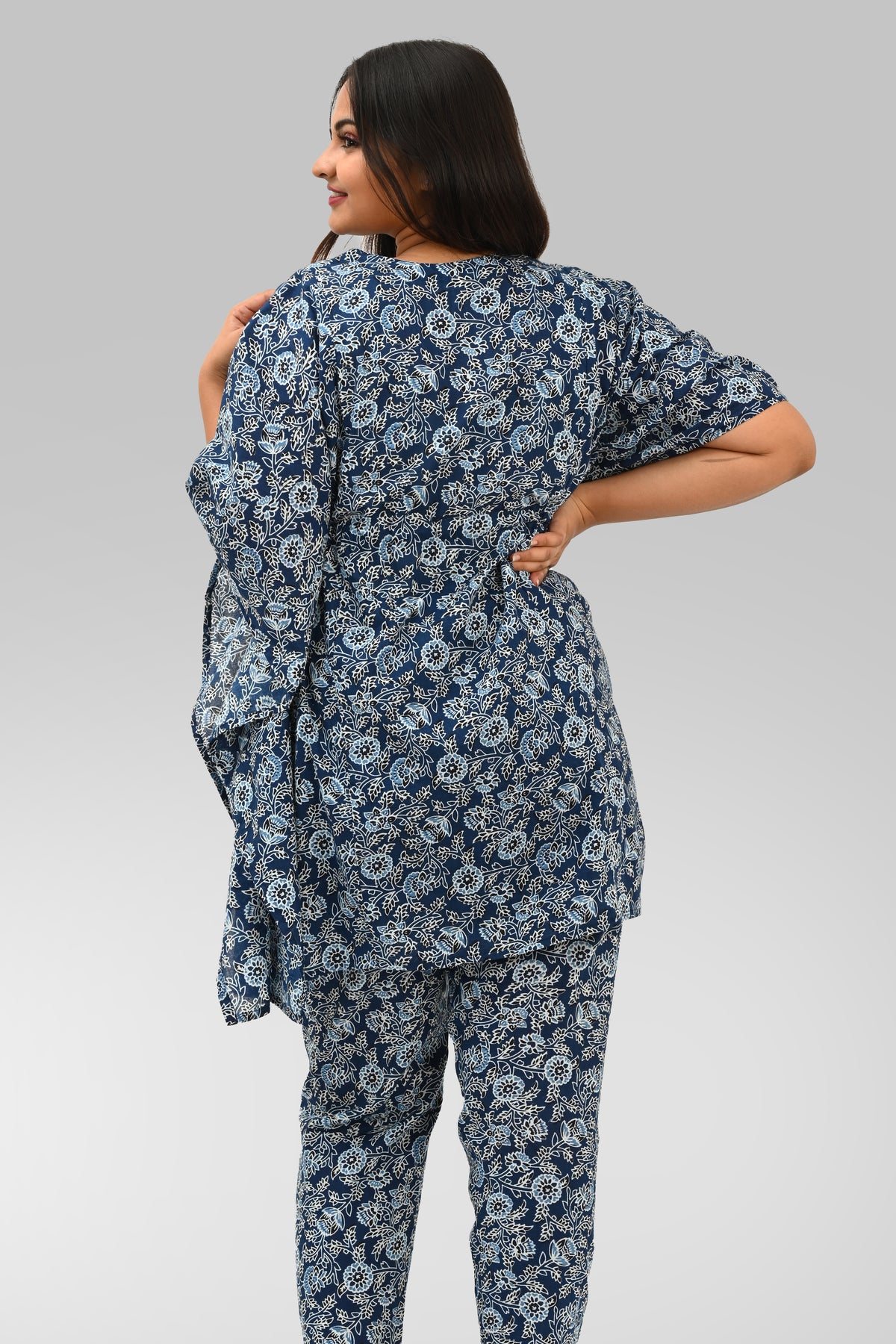 Floral Maternity and Feeding Kaftan Set in Deep Blue