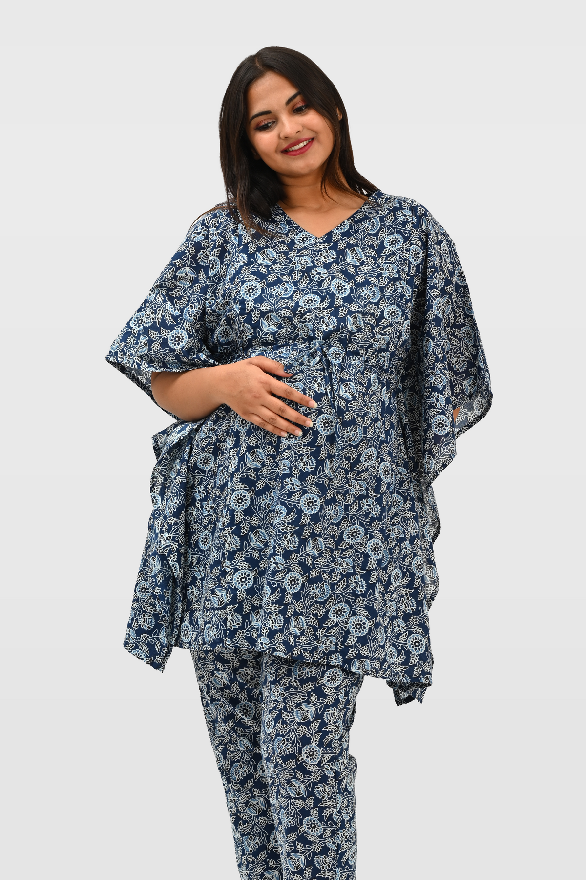 Floral Maternity and Feeding Kaftan Set in Deep Blue