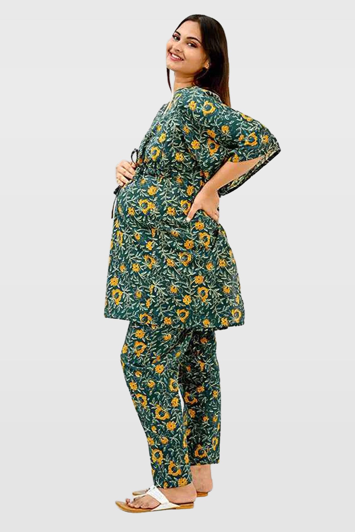 Floral Maternity and Feeding Kaftan Set in Green