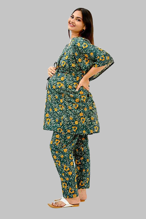 Floral Maternity and Feeding Kaftan Set in Green