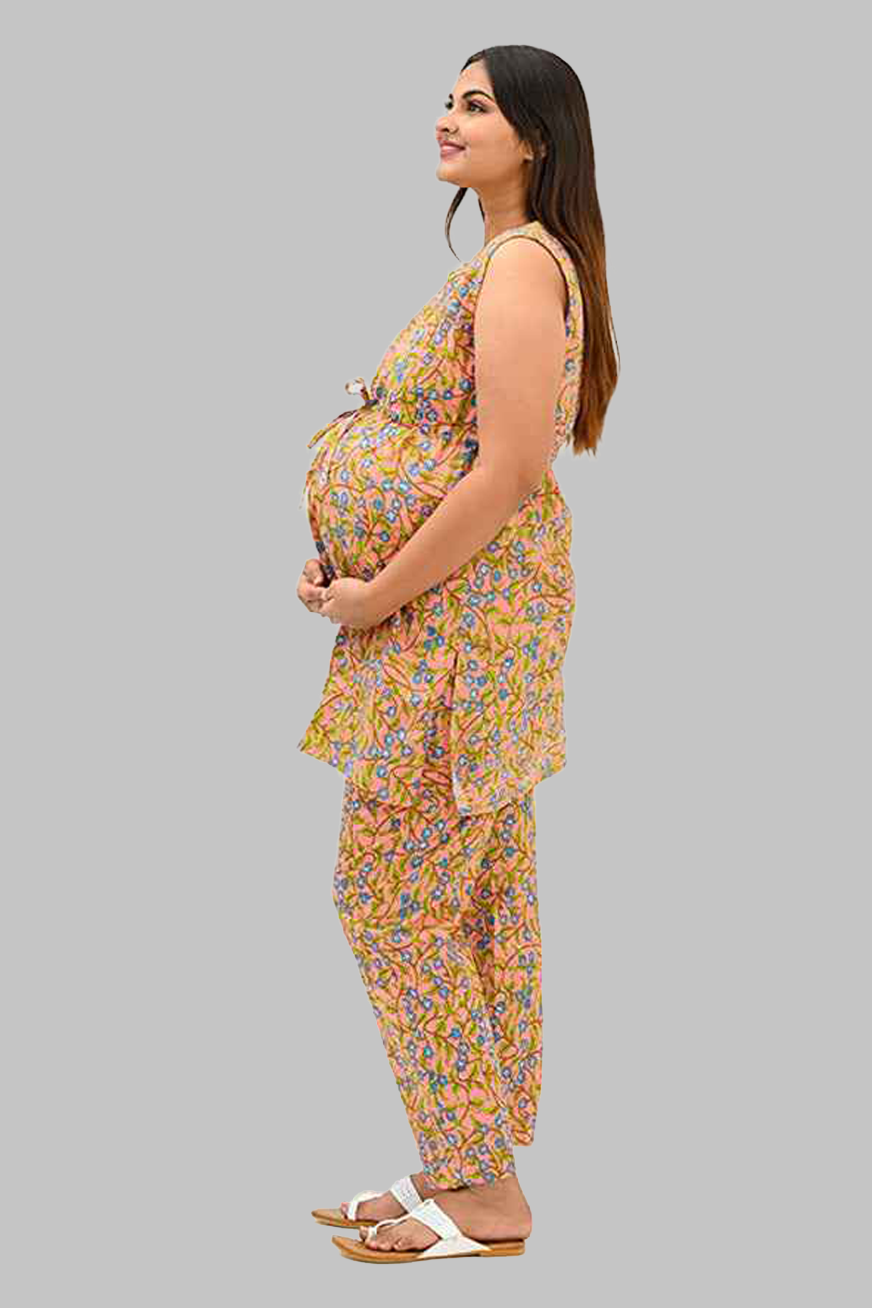 Floral Maternity and Feeding Kurta Set in Peach