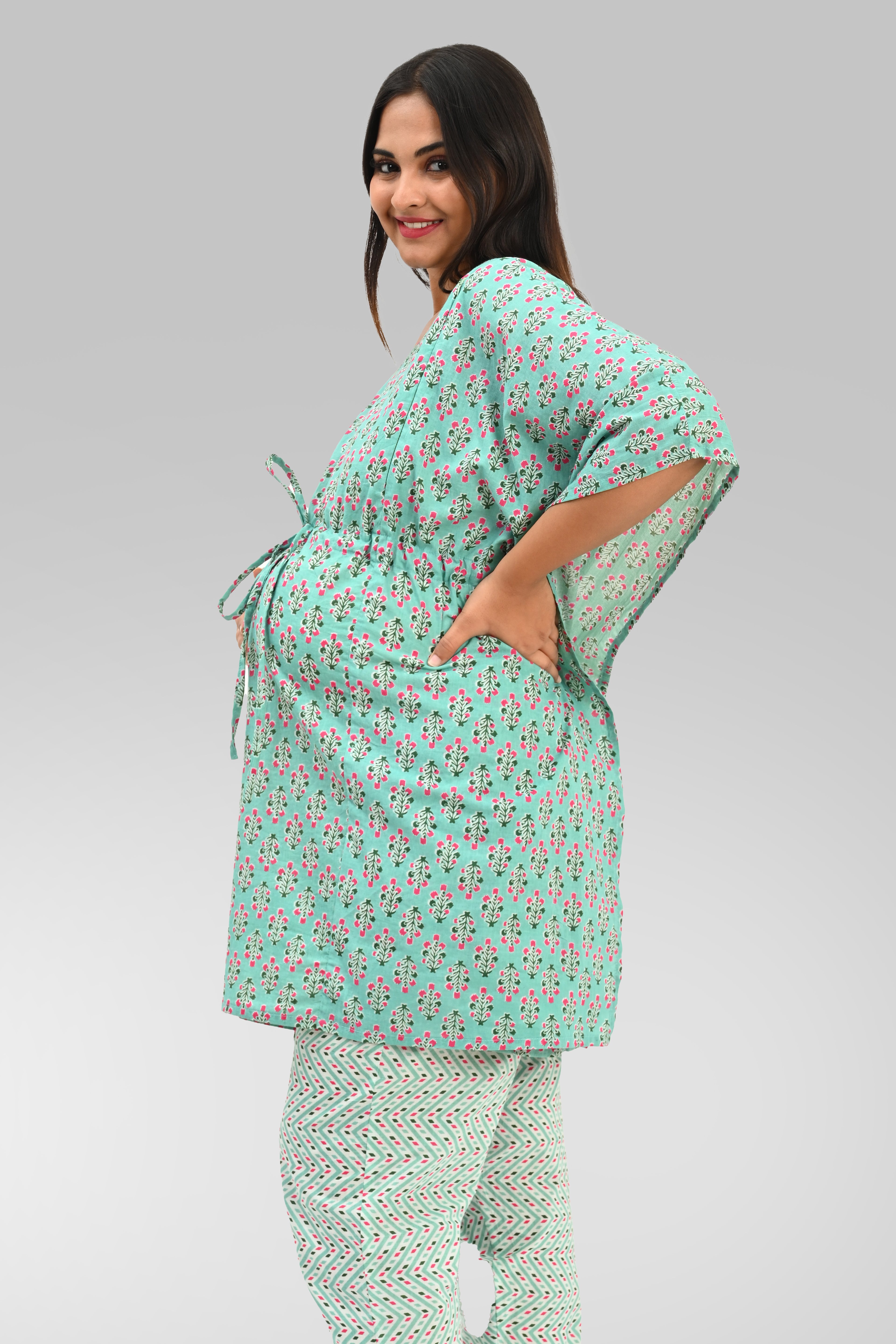 Maternity and Feeding Kaftan Set in Green