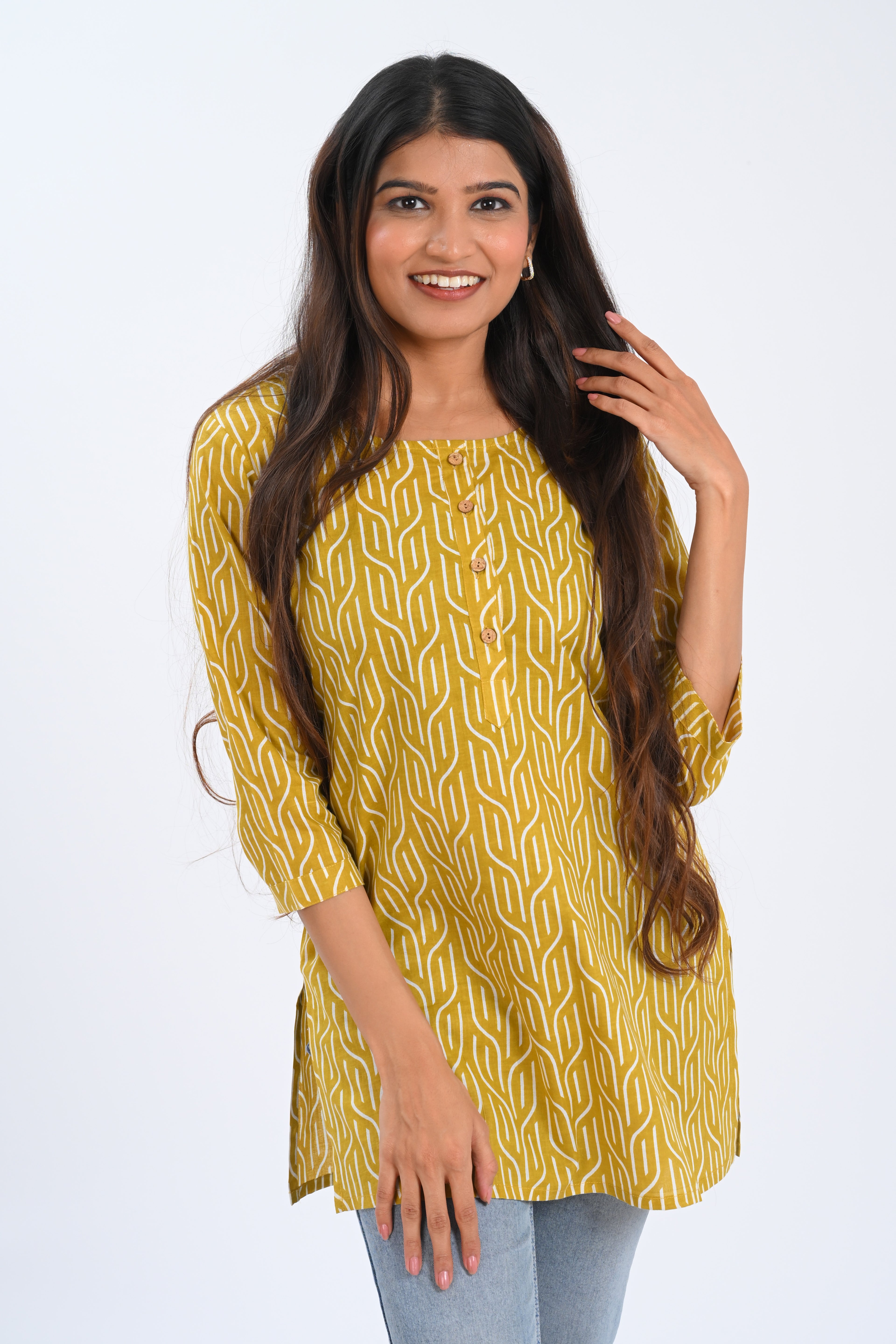 Golden Brown Cotton Printed Short Kurti