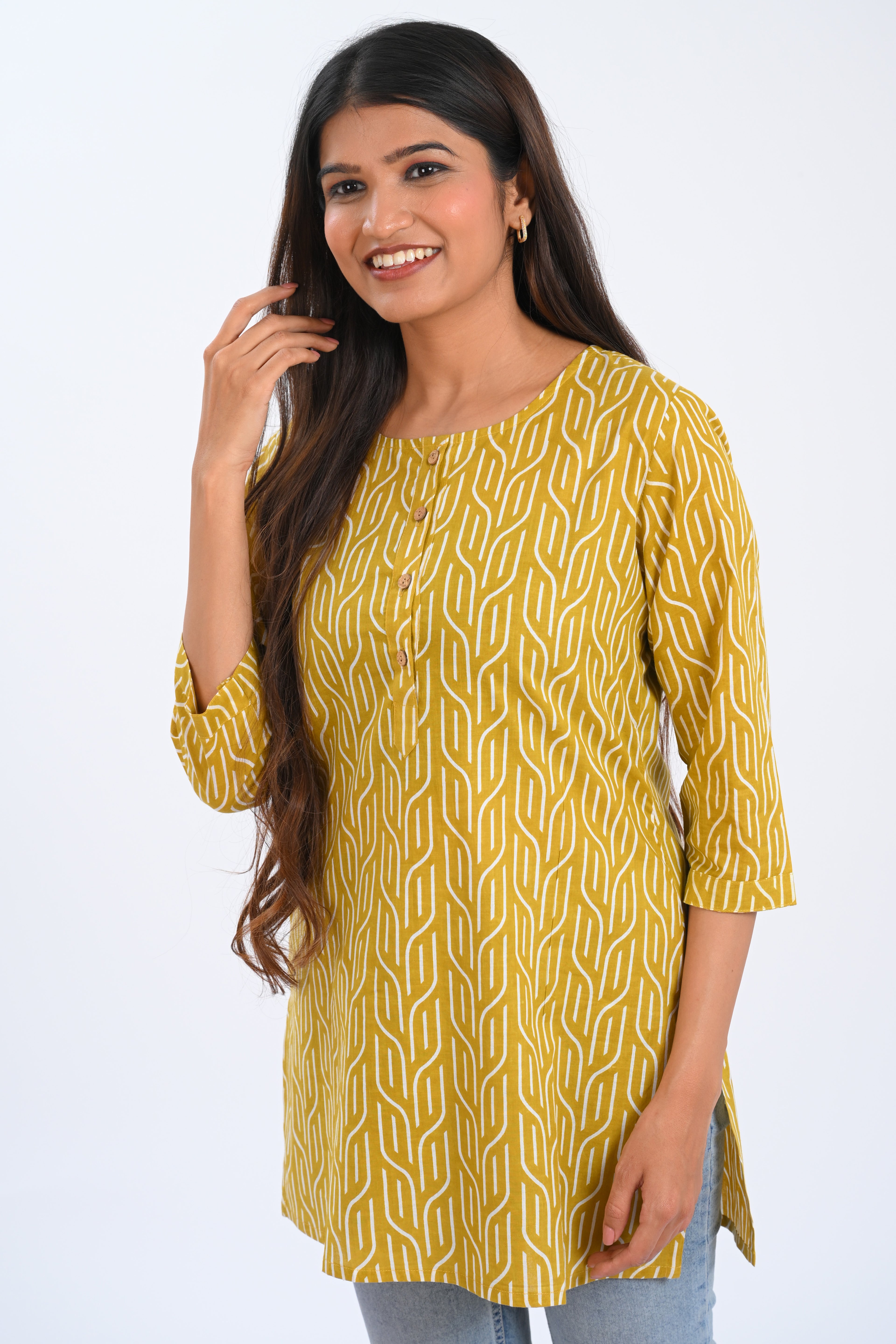 Golden Brown Cotton Printed Short Kurti
