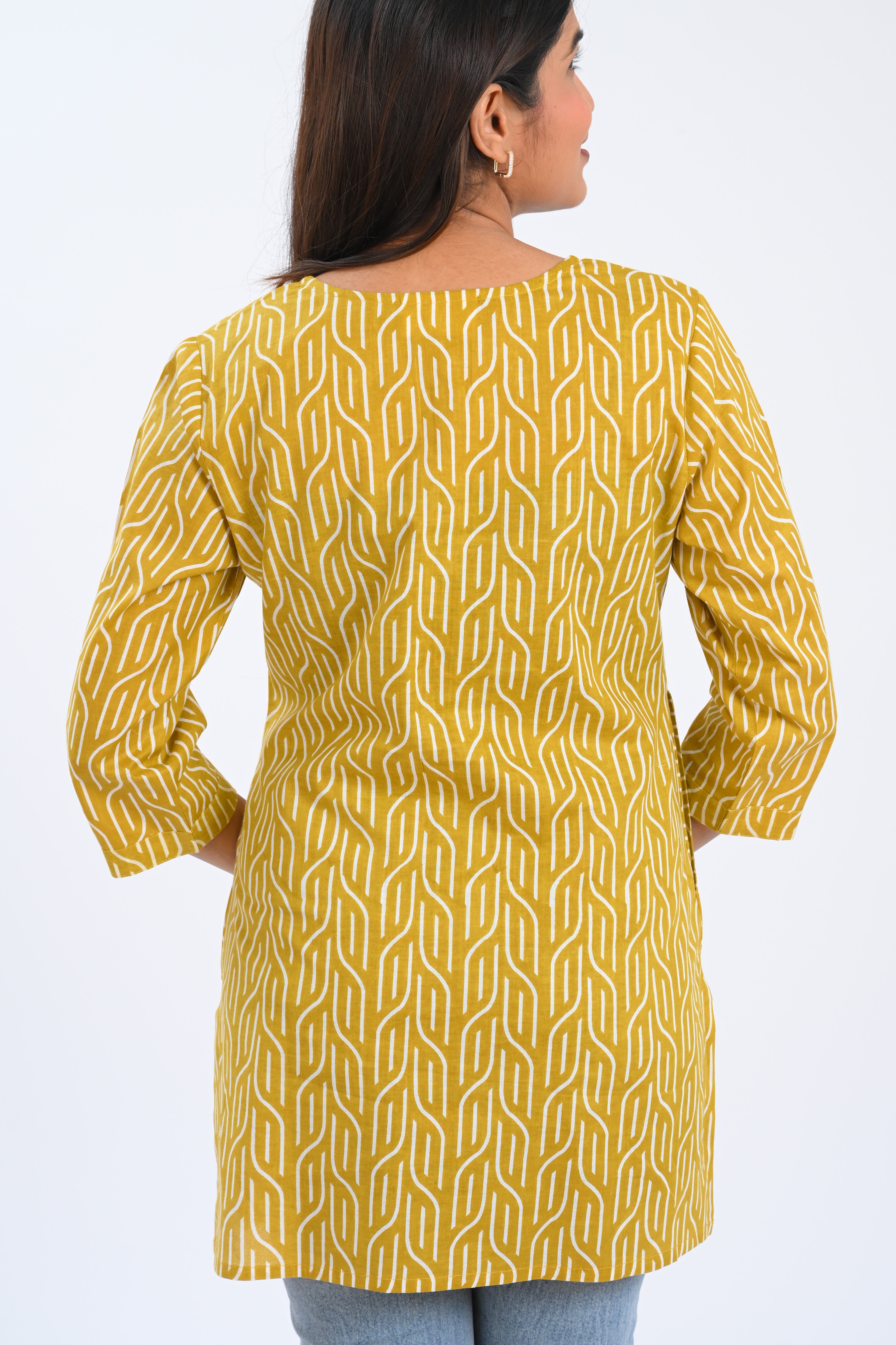 Golden Brown Cotton Printed Short Kurti