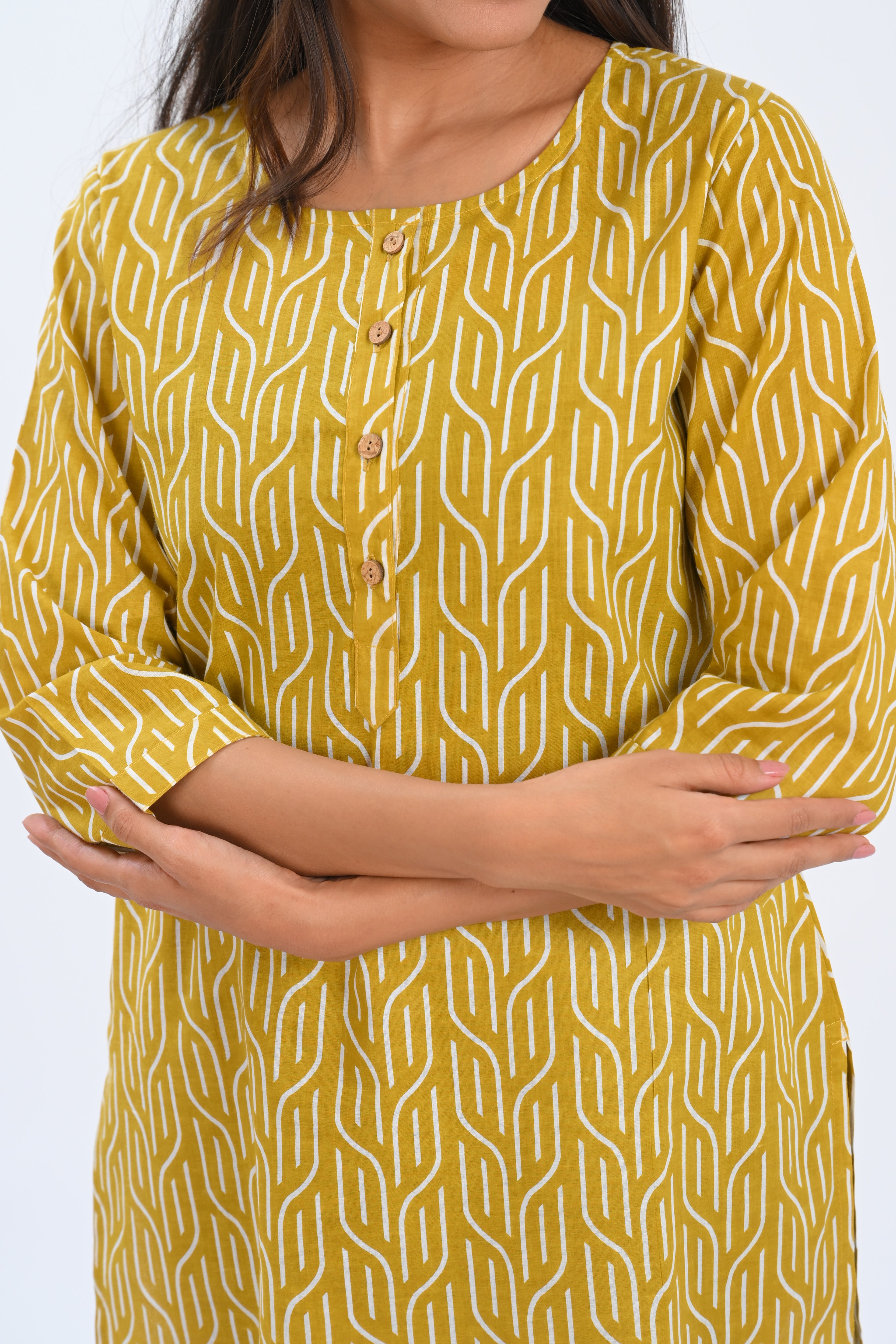 Golden Brown Cotton Printed Short Kurti
