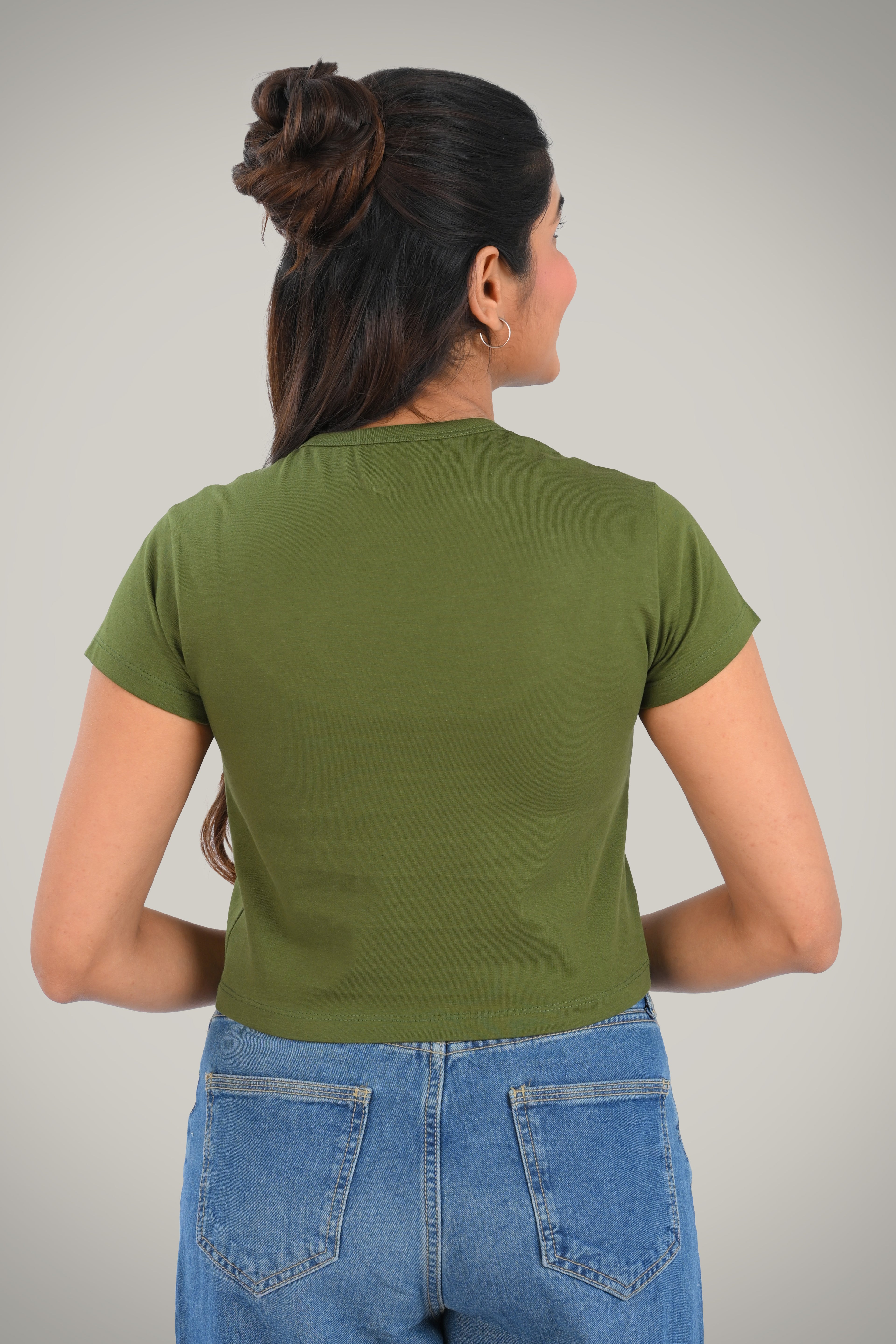 Green Cotton Crop Crew Neck T-Shirt