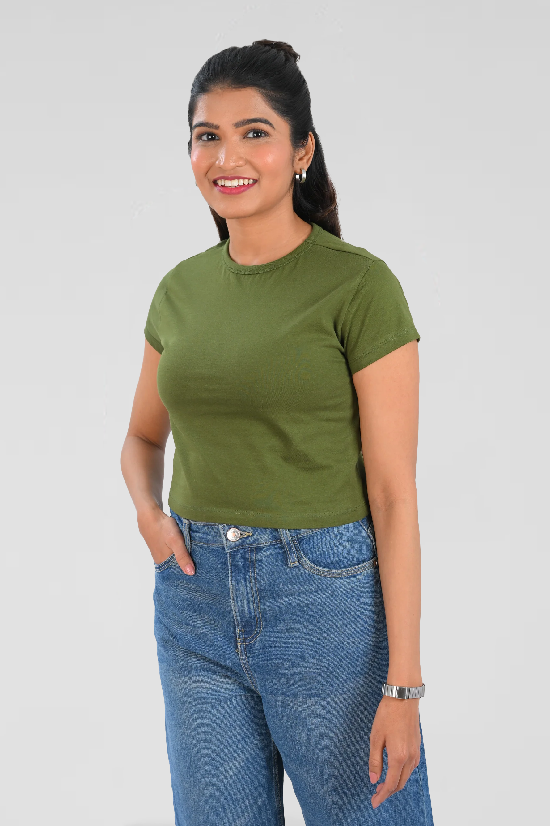 Green Cotton Crop Crew Neck T-Shirt