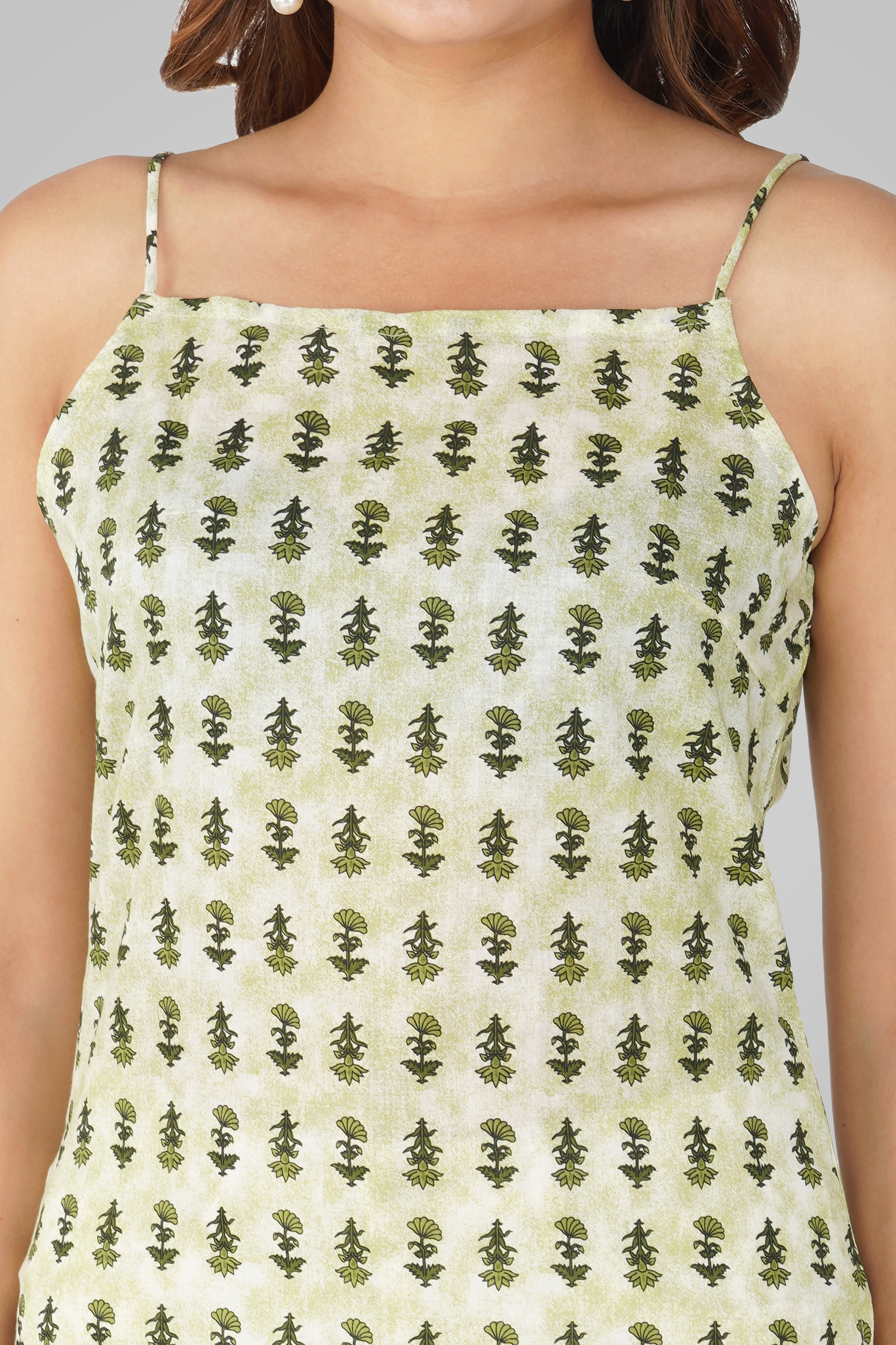 Green Cotton Printed Strap Top