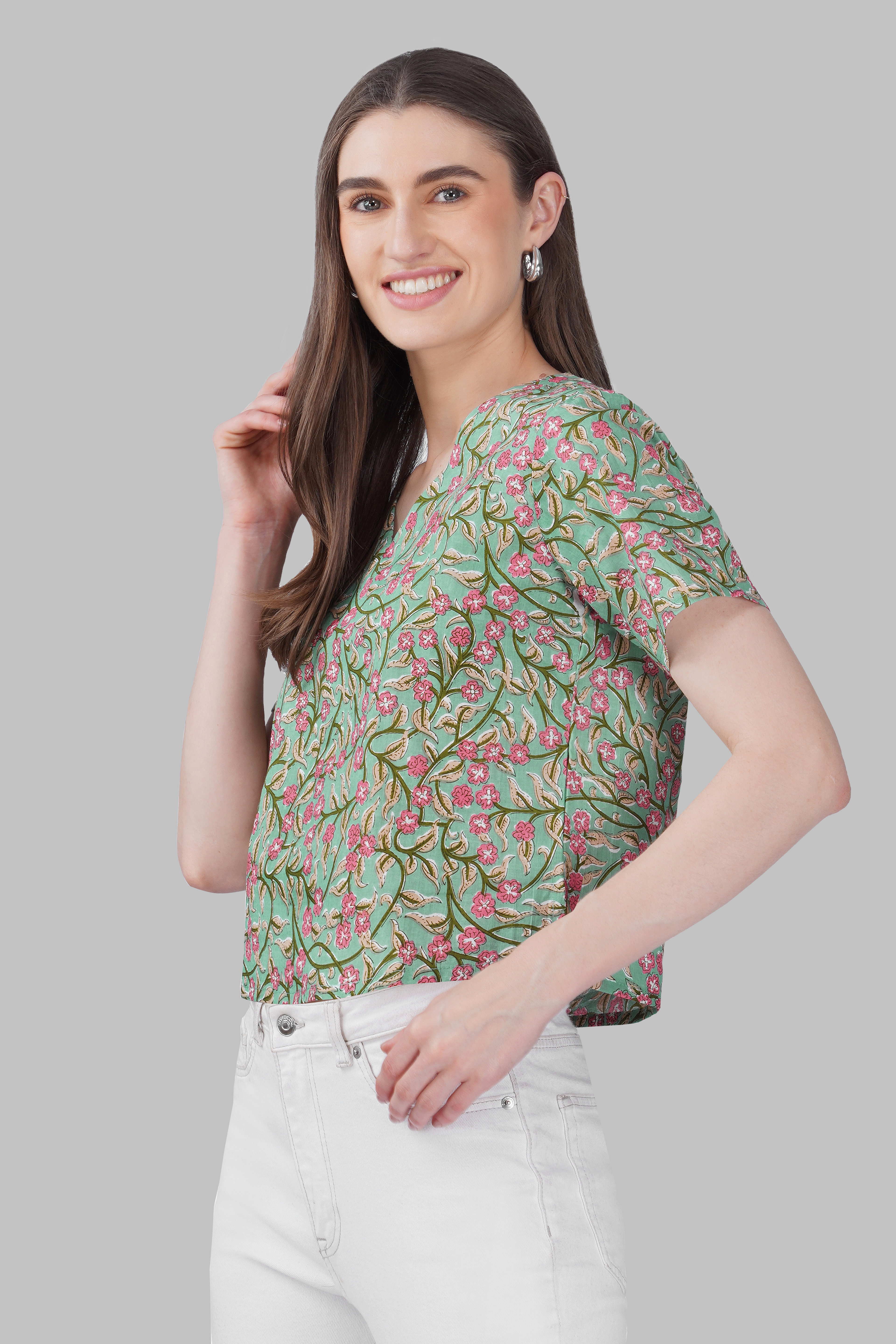 Green Floral V Neck Cotton Printed Top