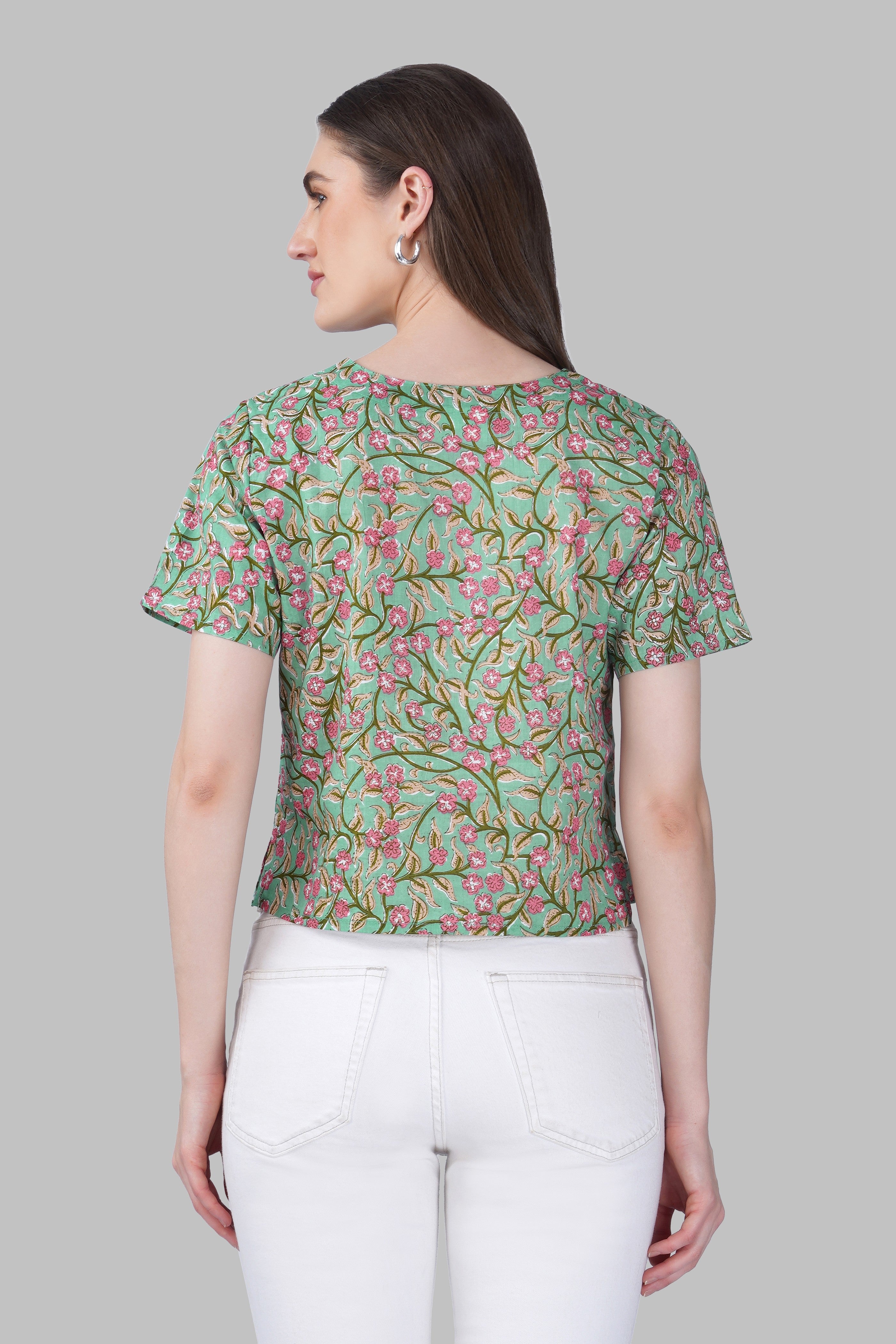 Green Floral V Neck Cotton Printed Top