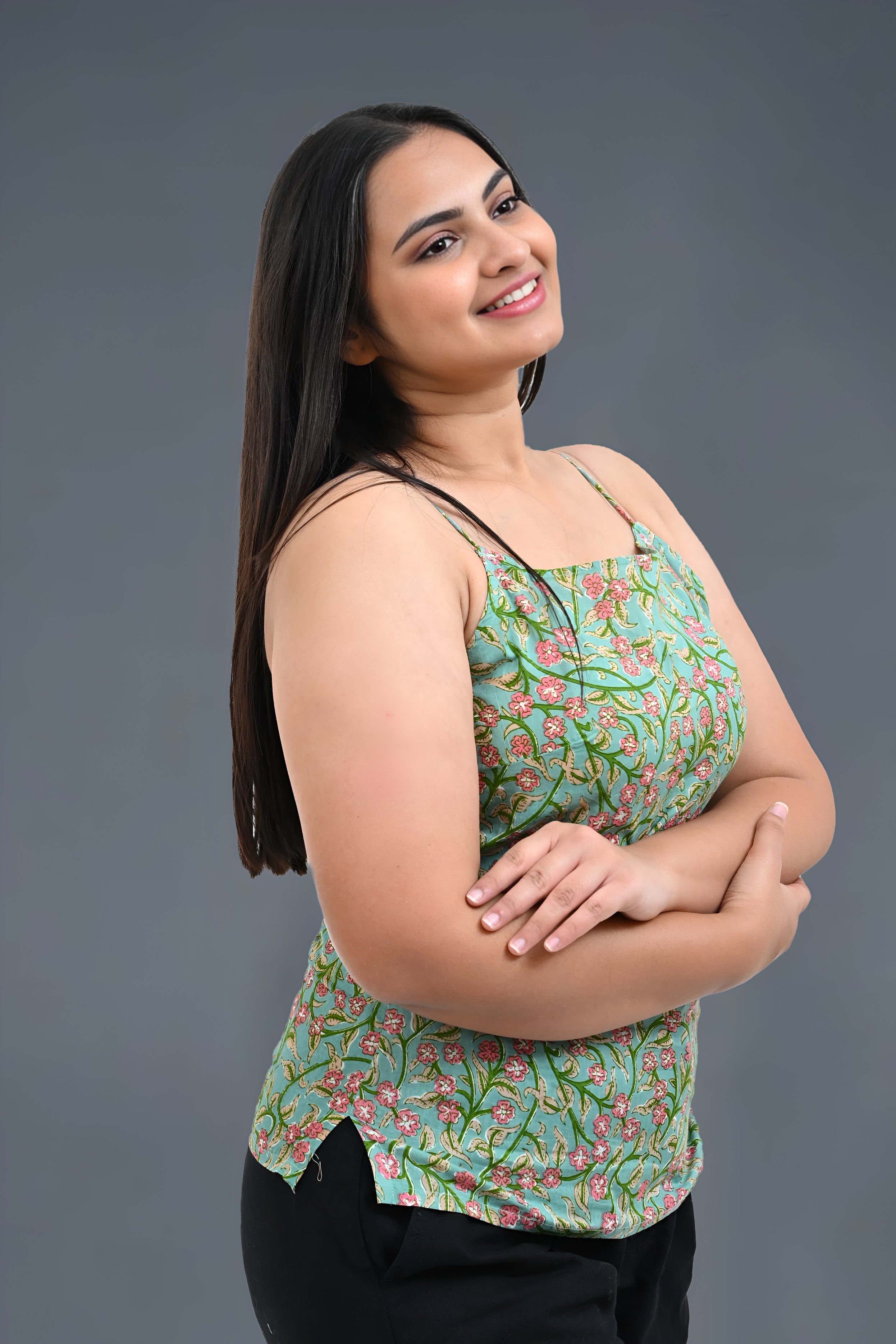 Green Floral Cotton Printed Strap Top