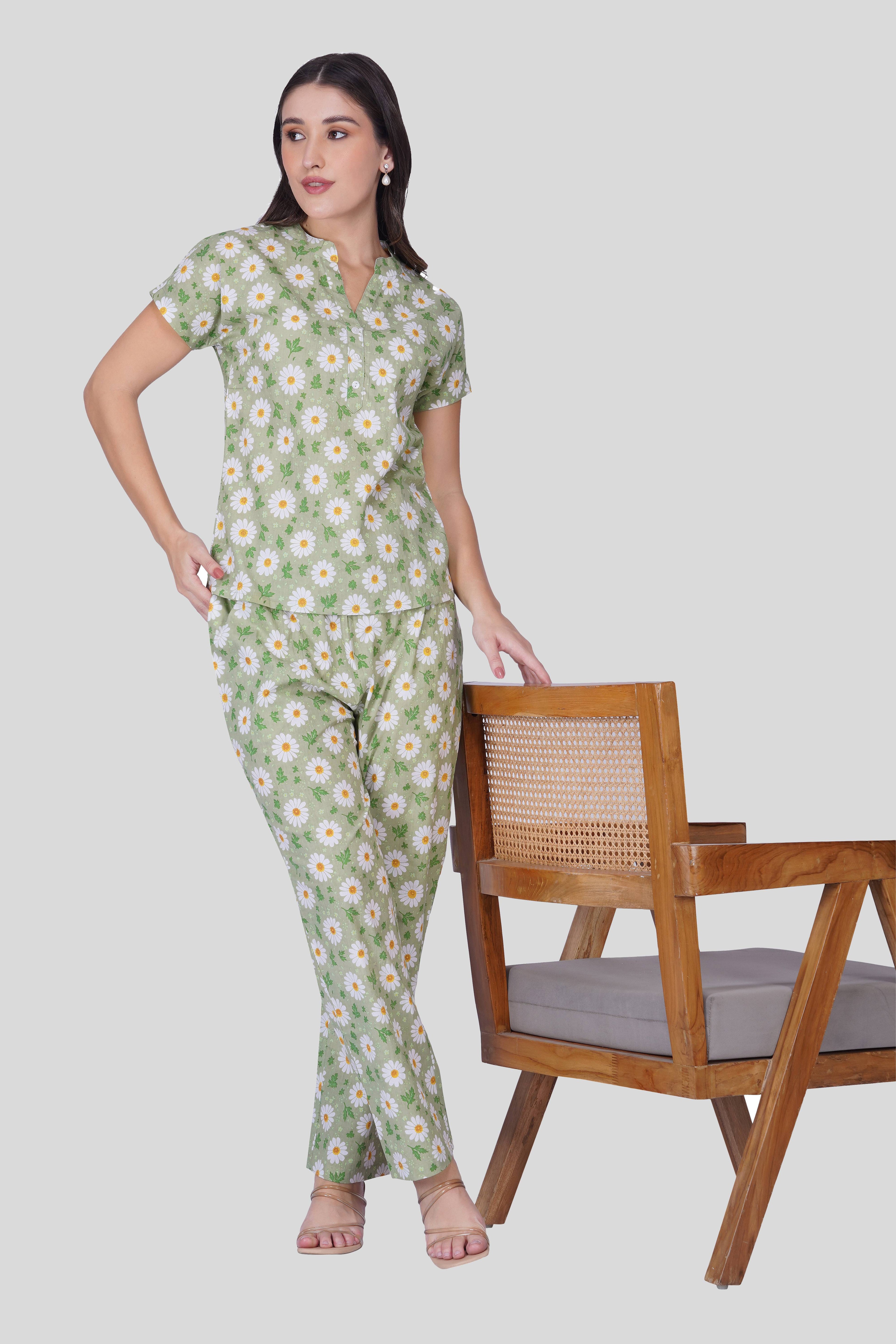 Green Notch Collar Cotton Printed Pyjama Set