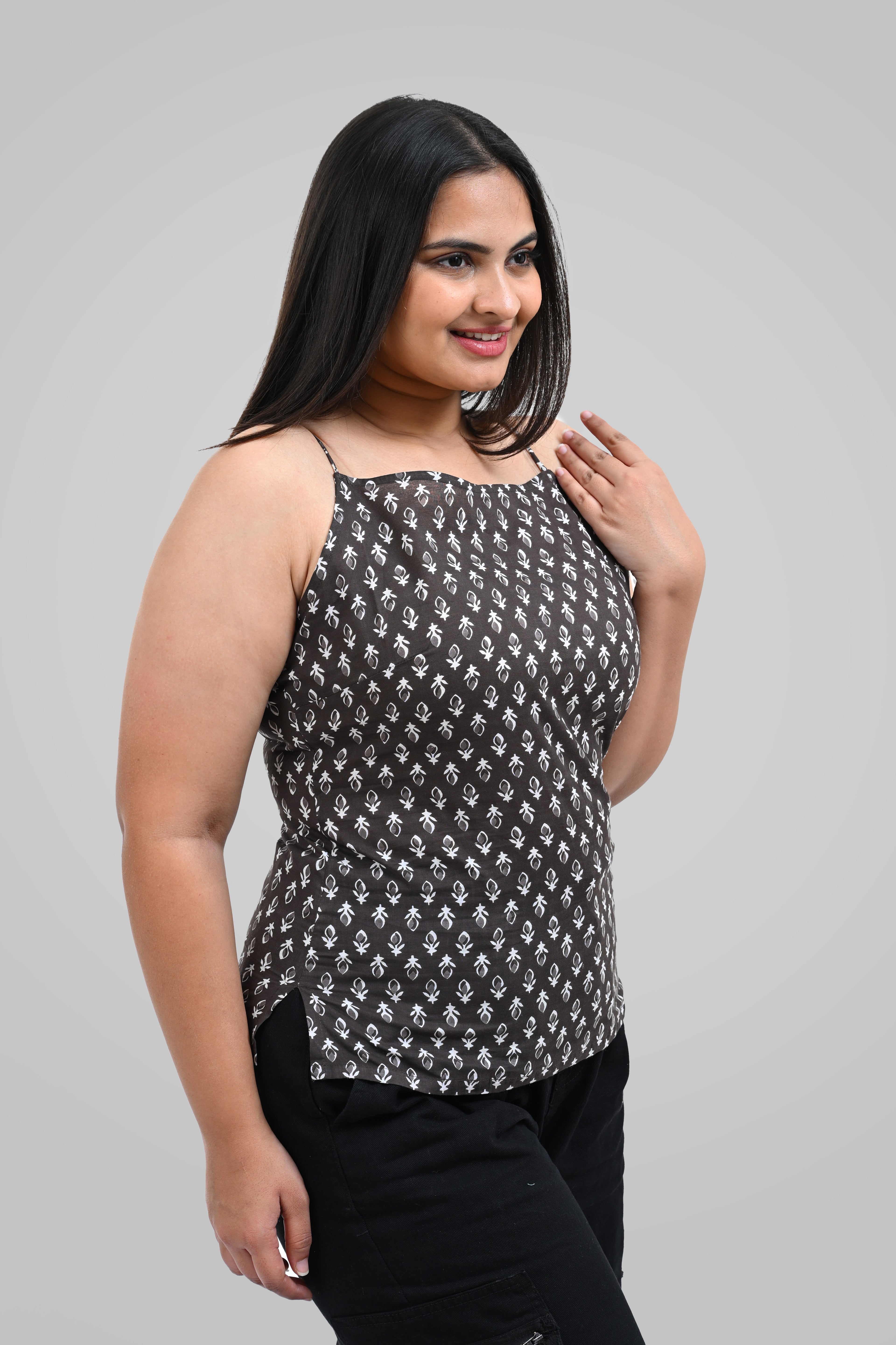 Grey Cotton Printed Strap Top