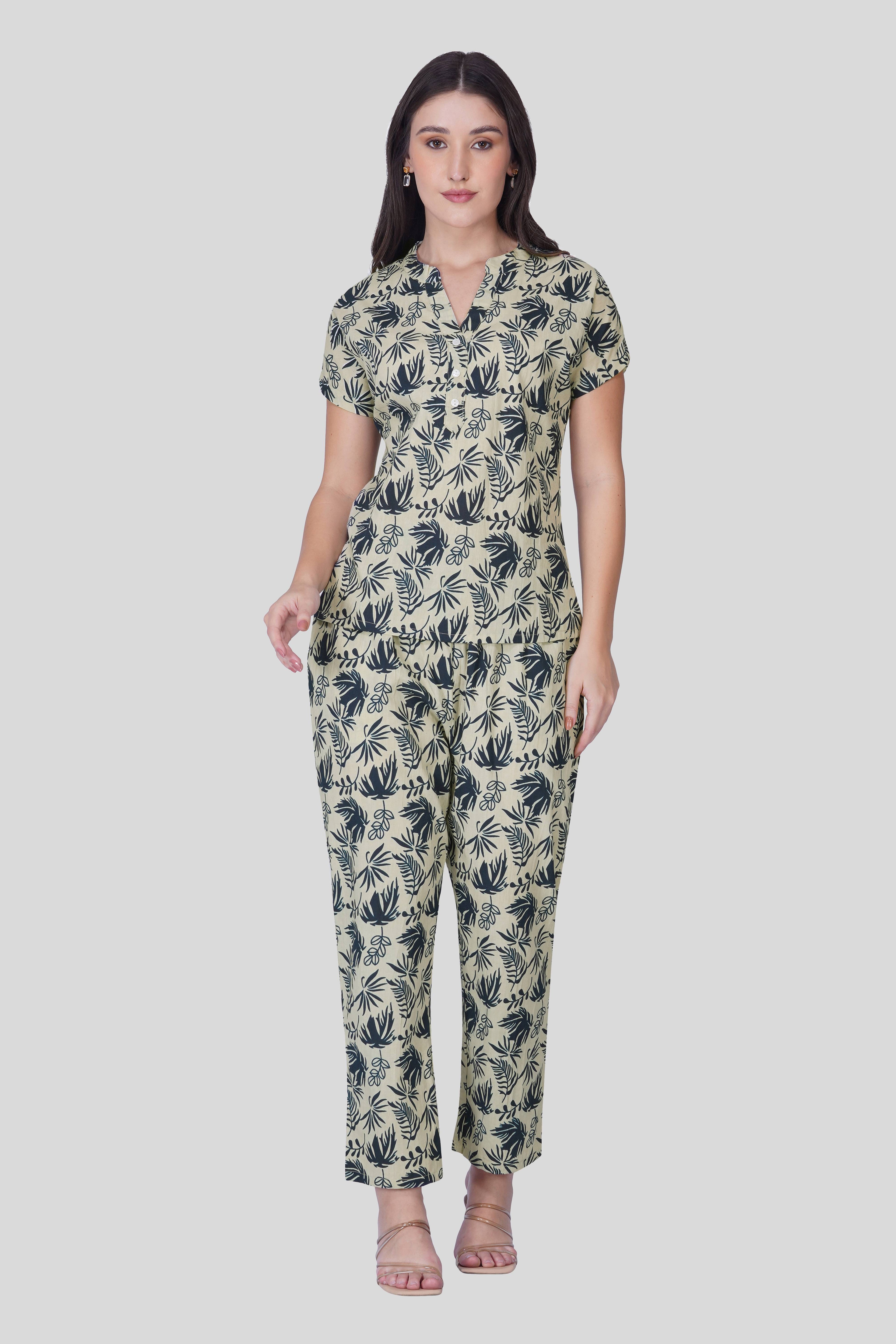 Grey Notch Collar Cotton Printed Pyjama Set