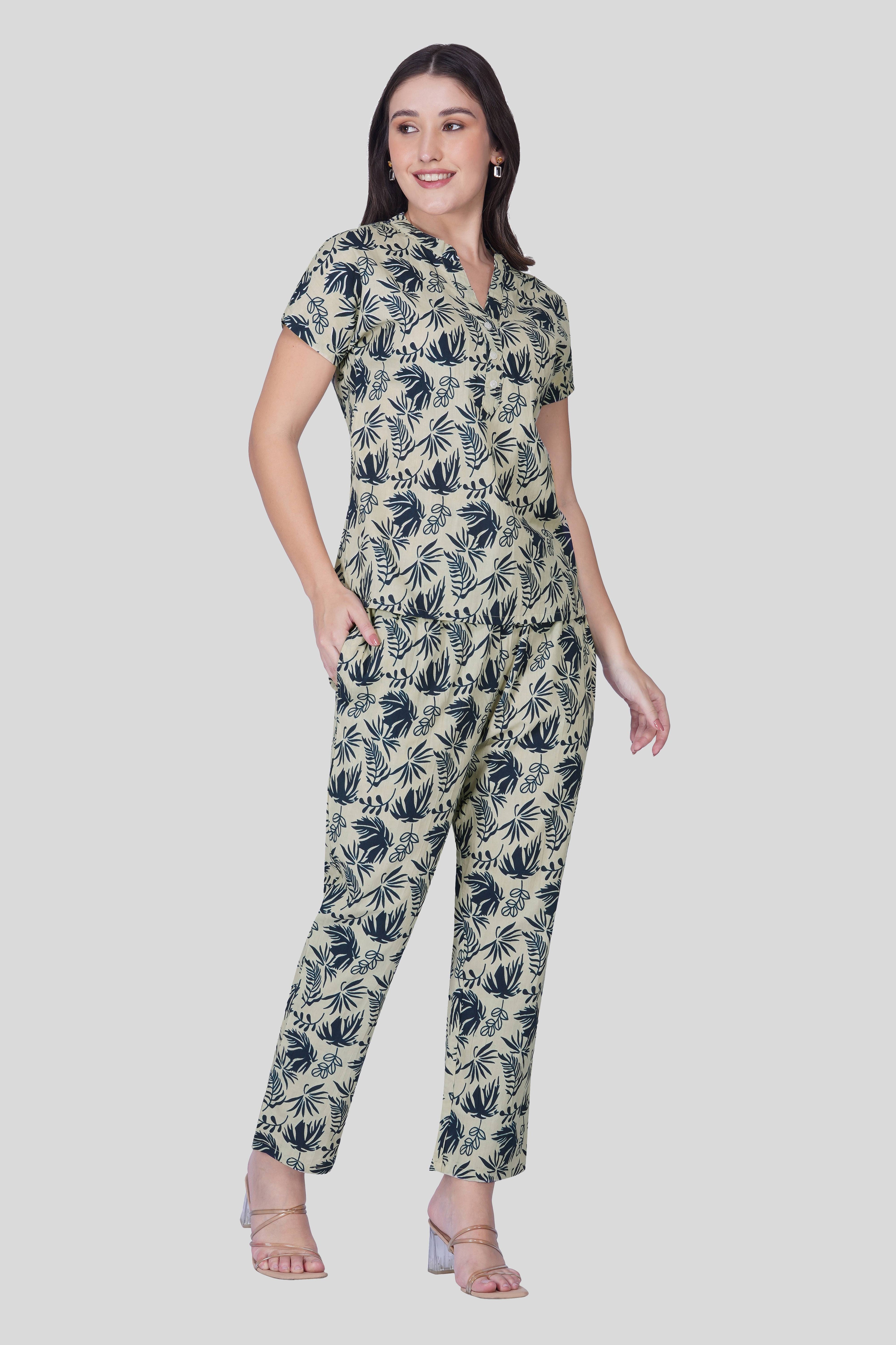 Grey Notch Collar Cotton Printed Pyjama Set