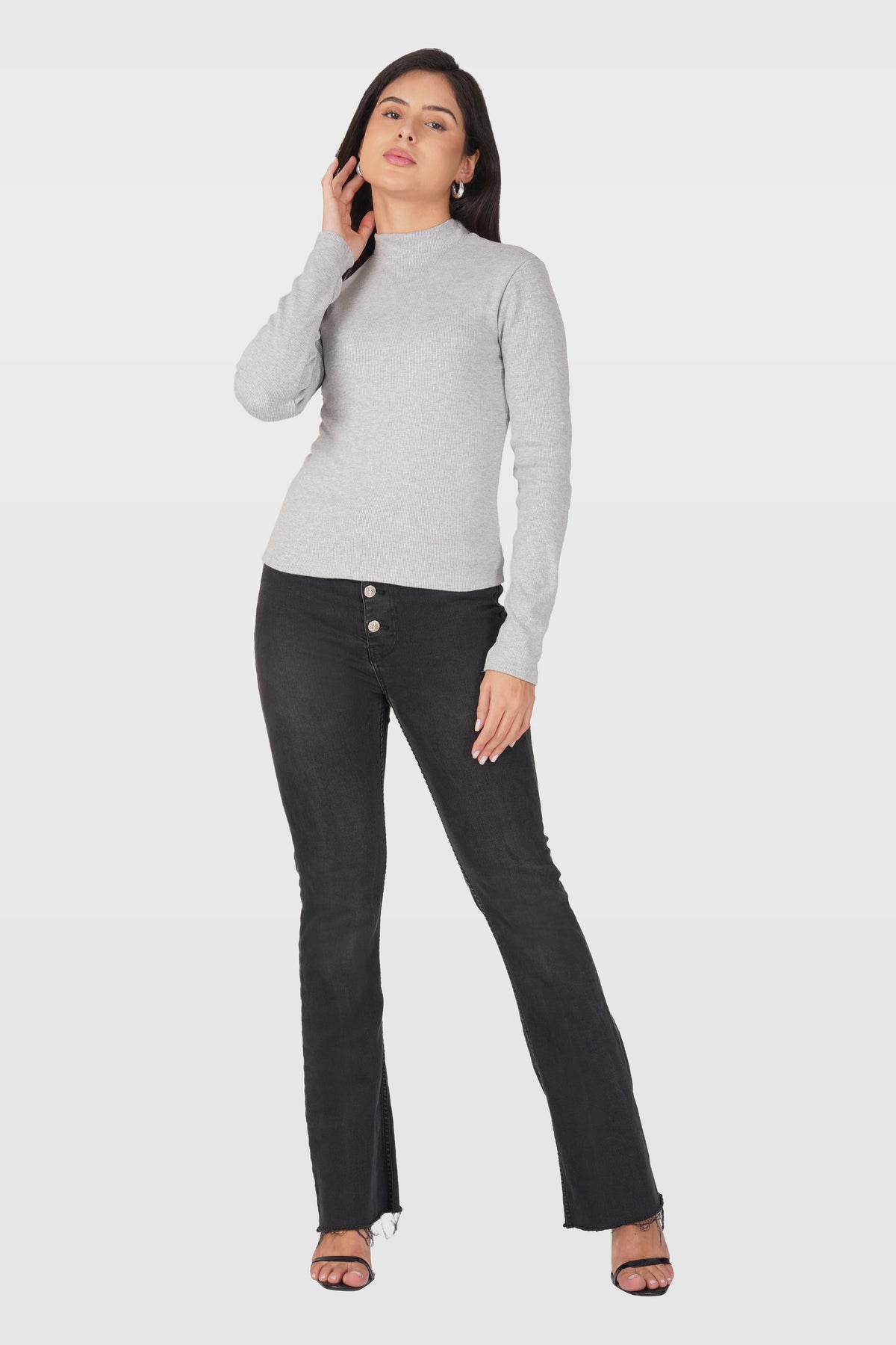 Grey Ribbed Mock Neck Long Sleeve Top
