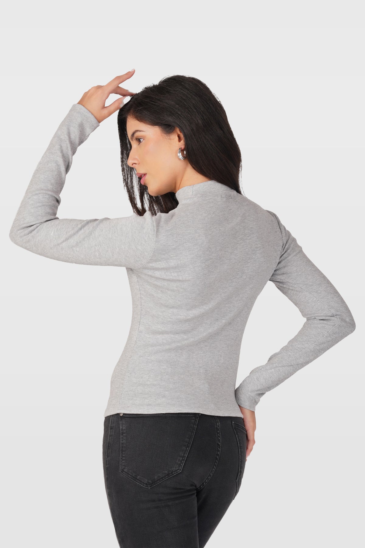 Grey Ribbed Mock Neck Long Sleeve Top