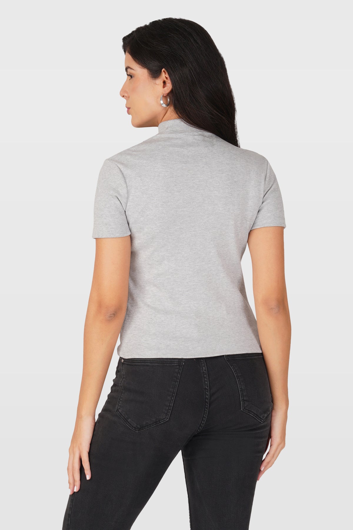 Grey Ribbed Mock Neck Short Sleeve Top