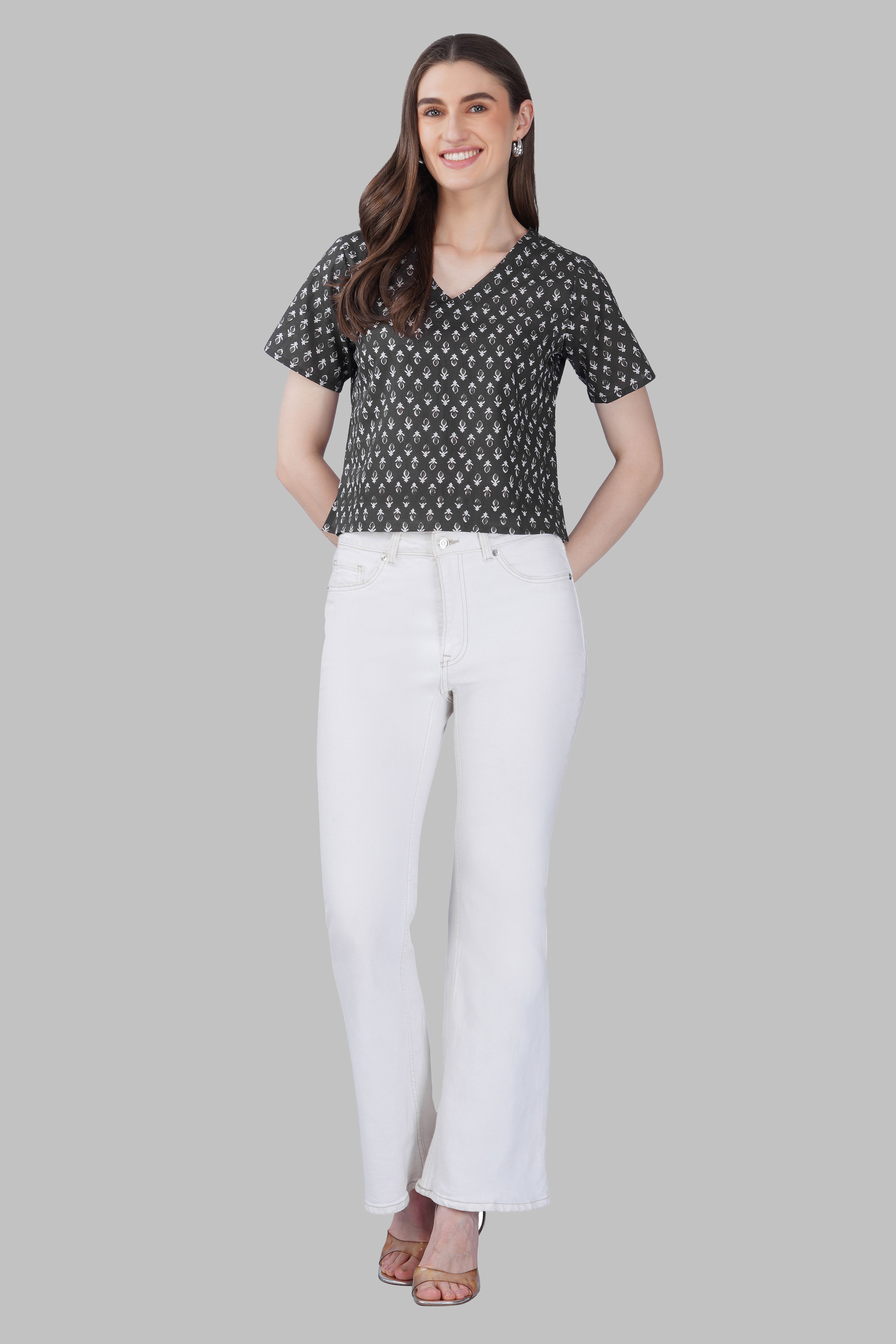 Grey V Neck Cotton Printed Top