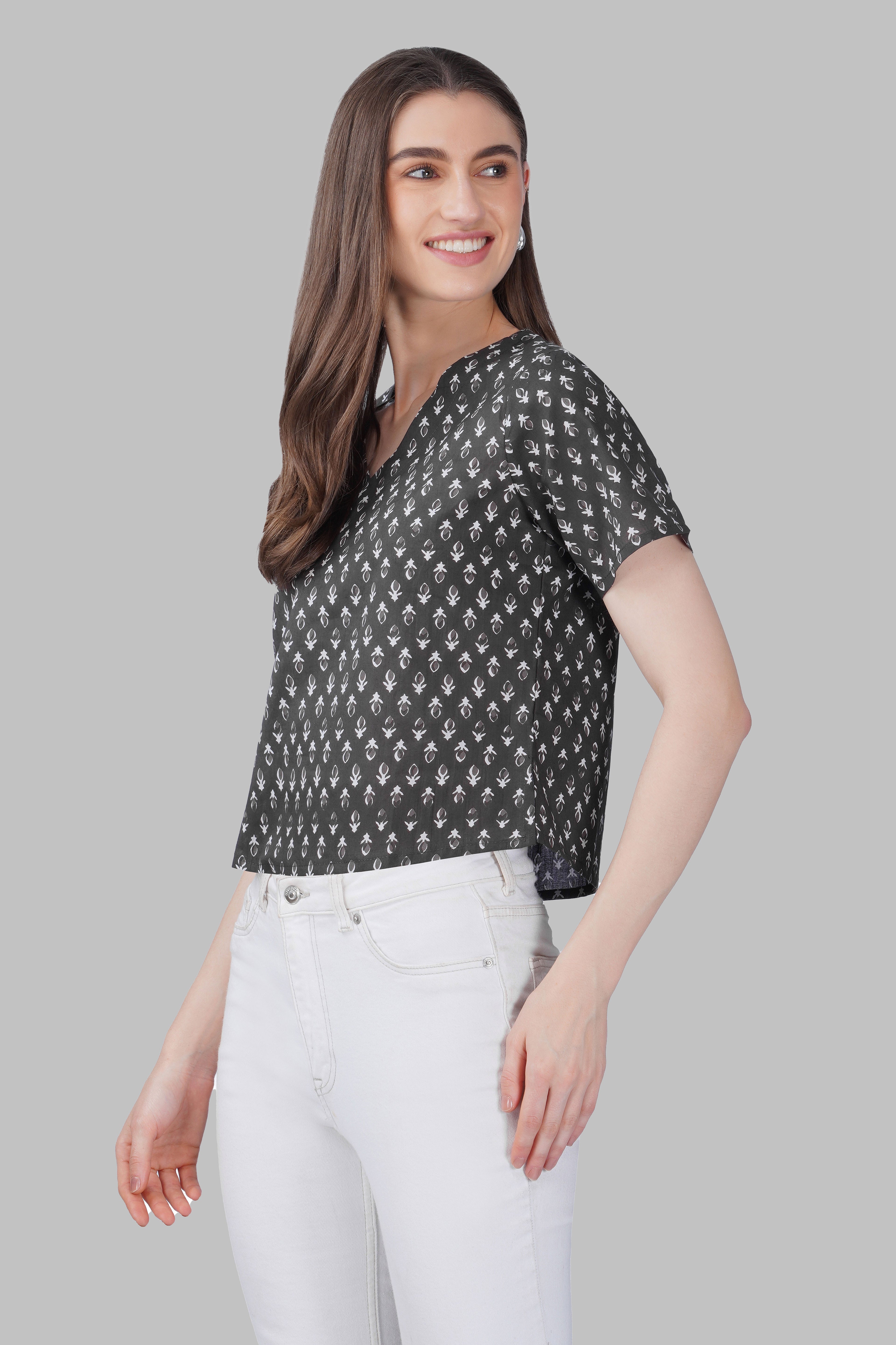 Grey V Neck Cotton Printed Top