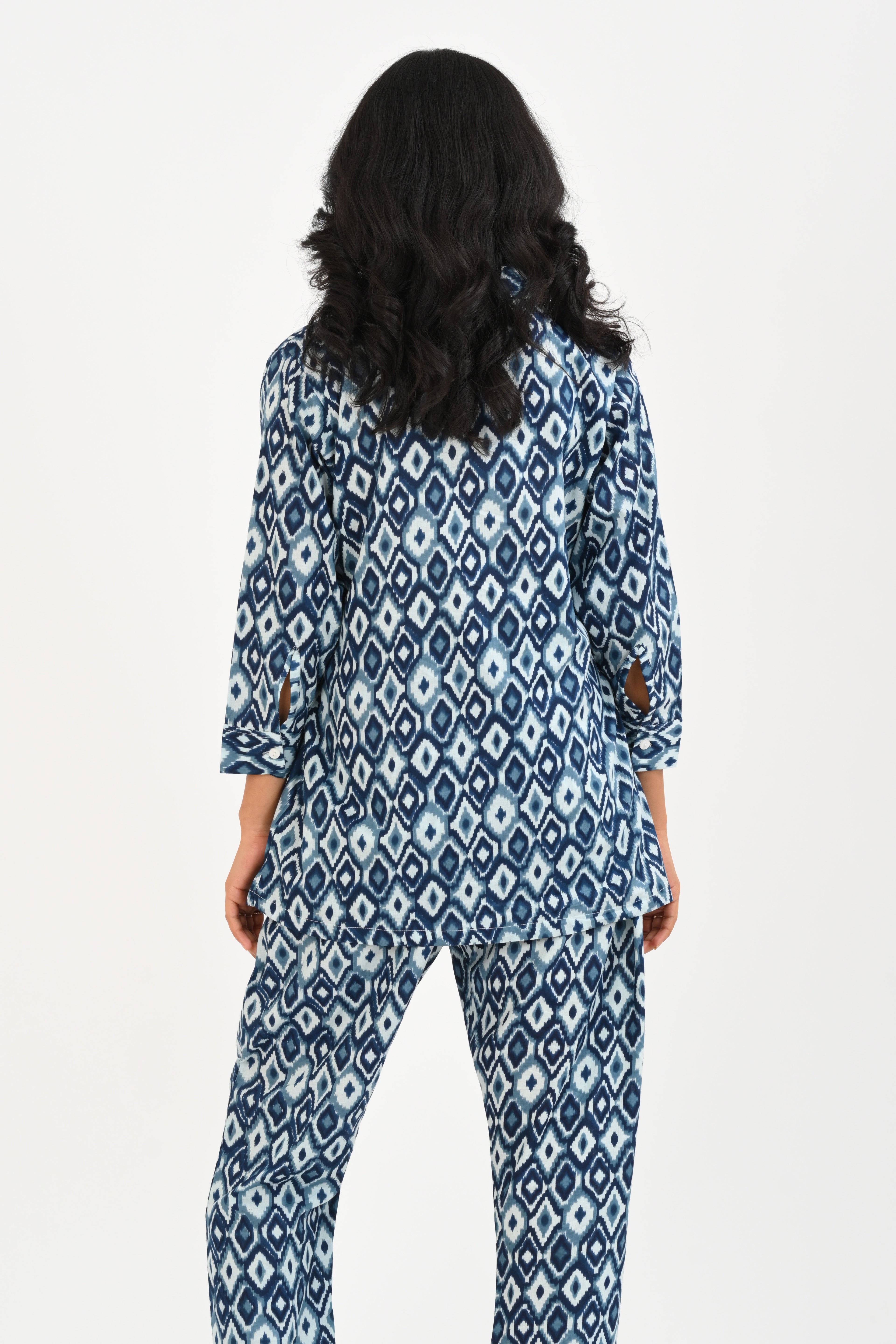 Blue Ikat Cotton Printed Pyjama Set Cuban Collar