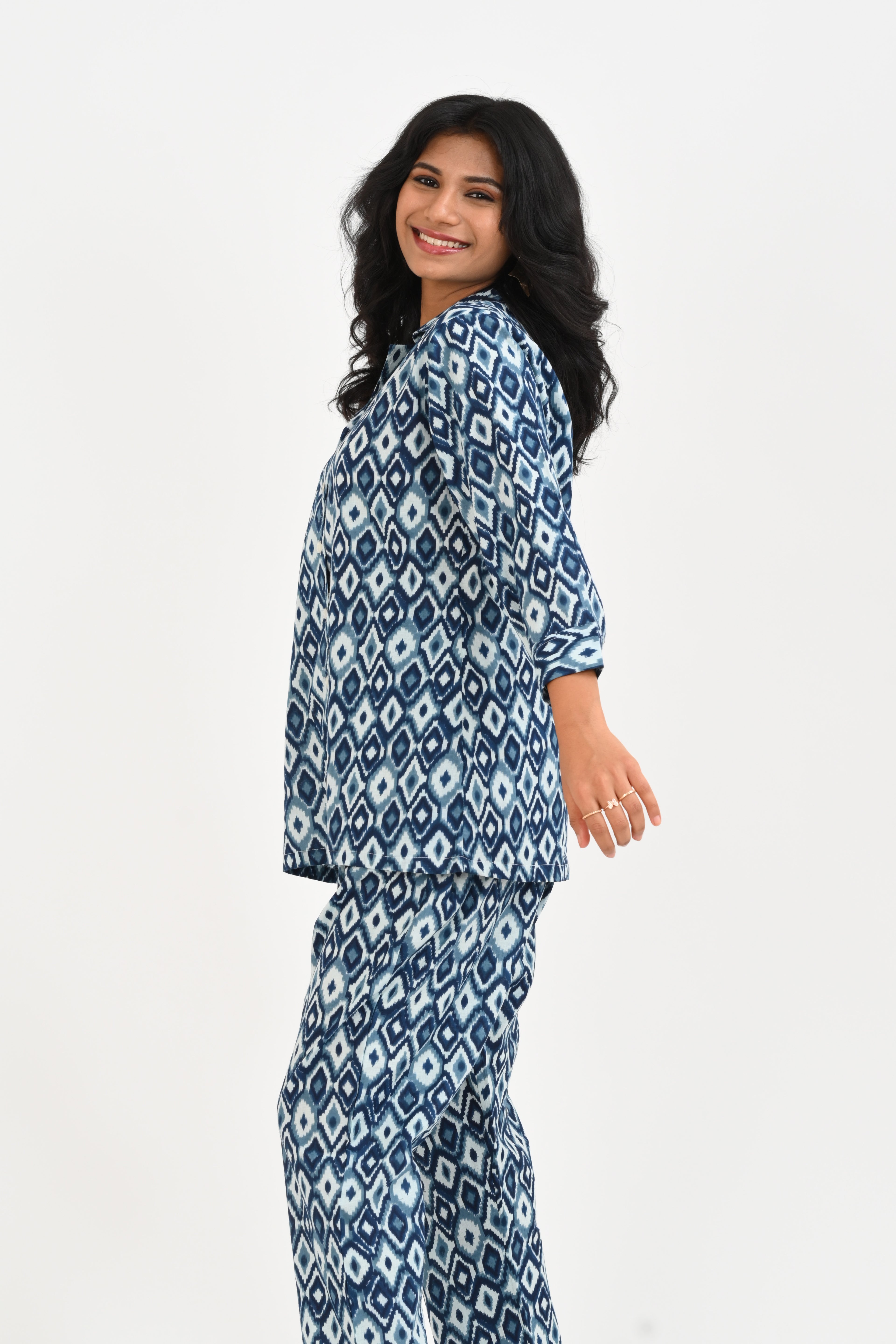 Blue Ikat Cotton Printed Pyjama Set Cuban Collar