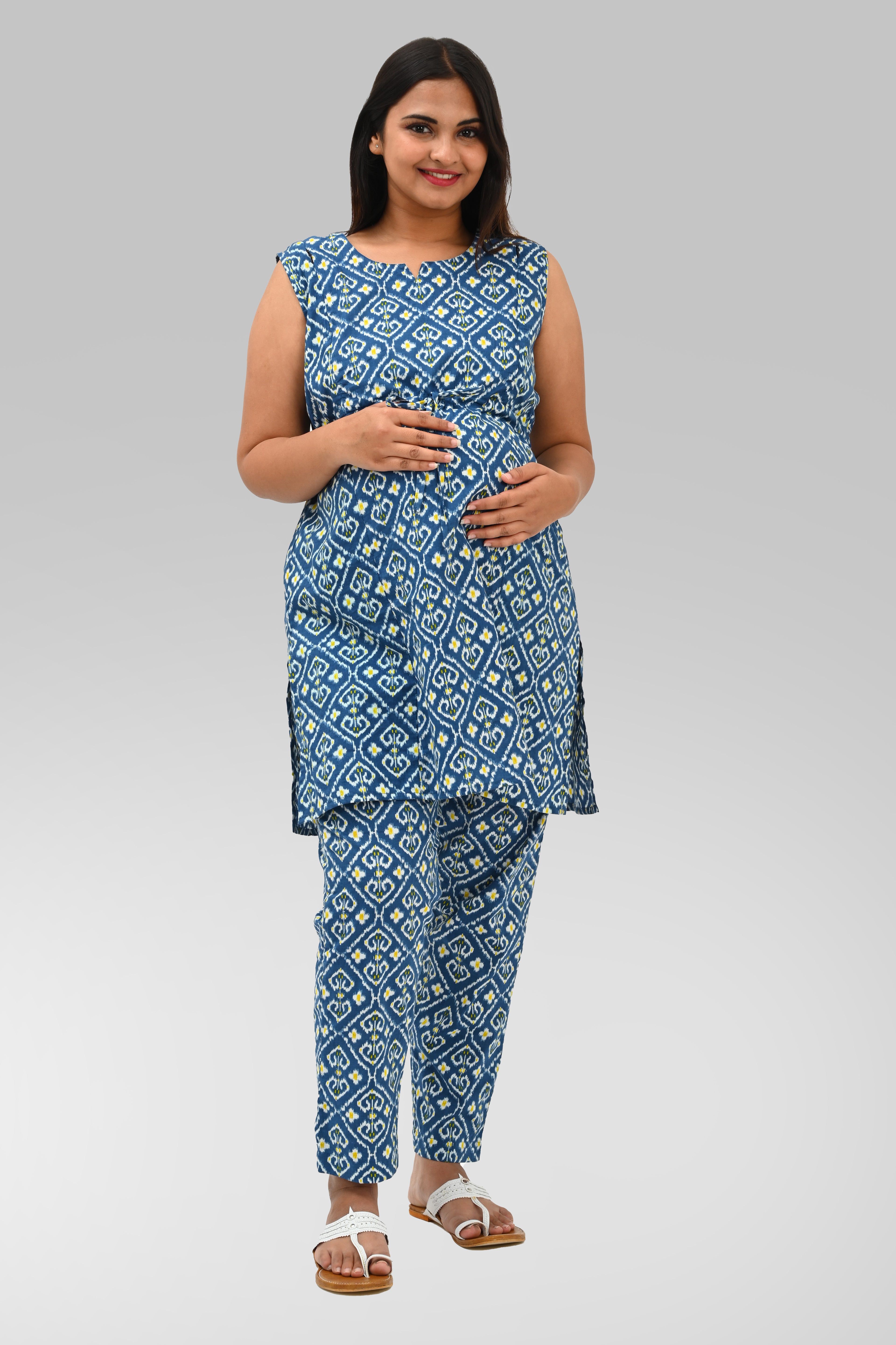 Ikat Maternity and Feeding Kurta Set in Blue