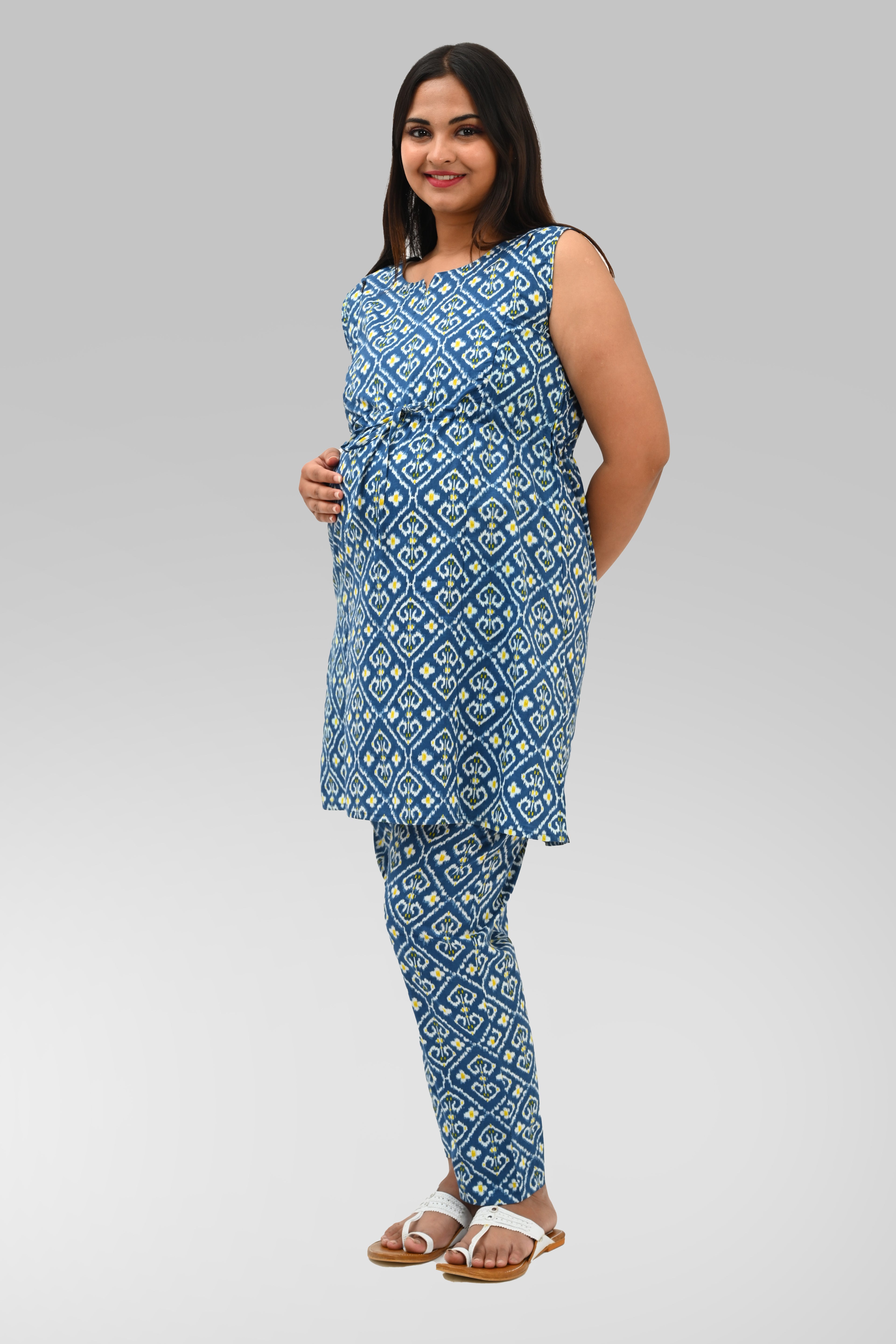 Ikat Maternity and Feeding Kurta Set in Blue