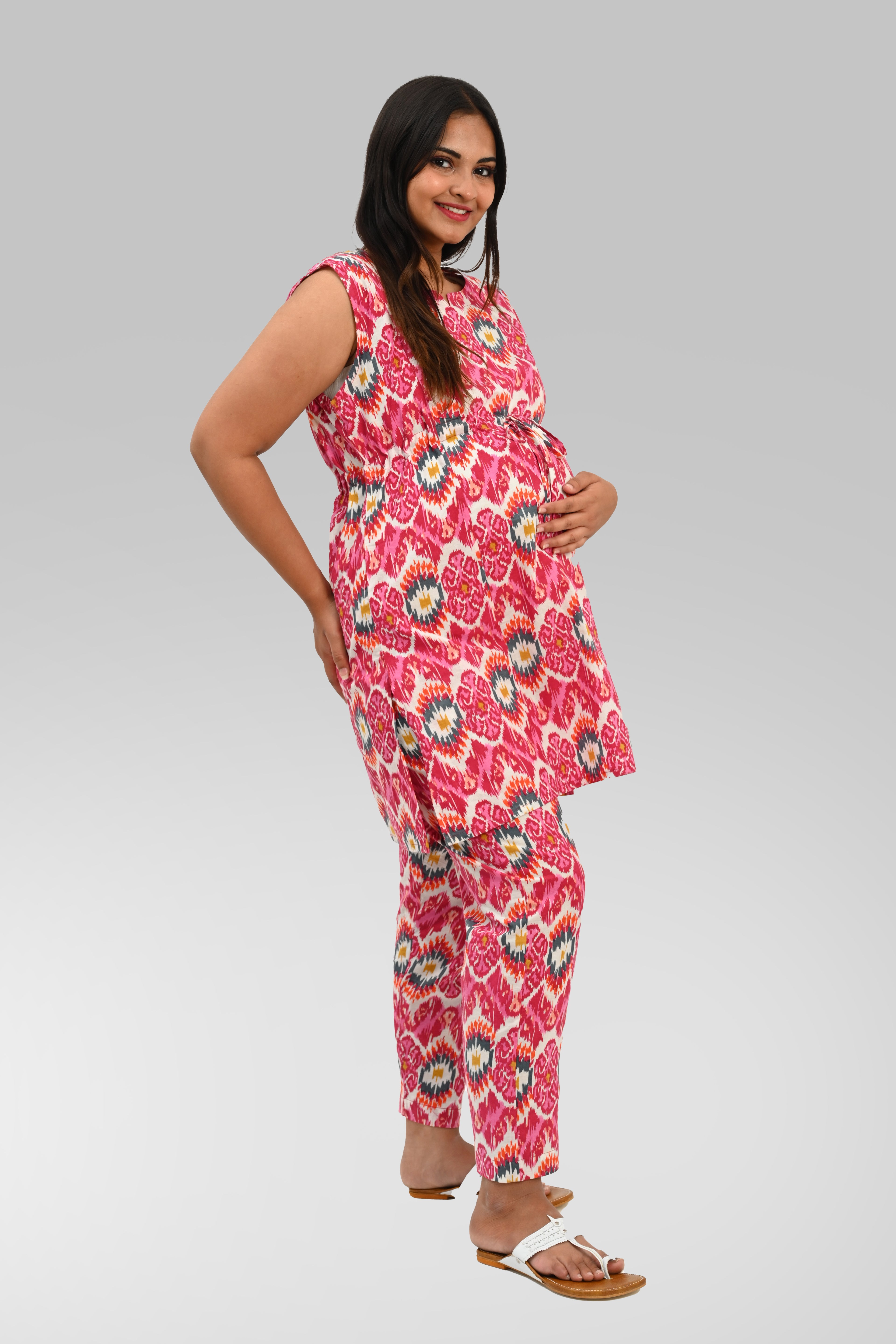 Ikat Maternity and Feeding Kurta Set in Pink