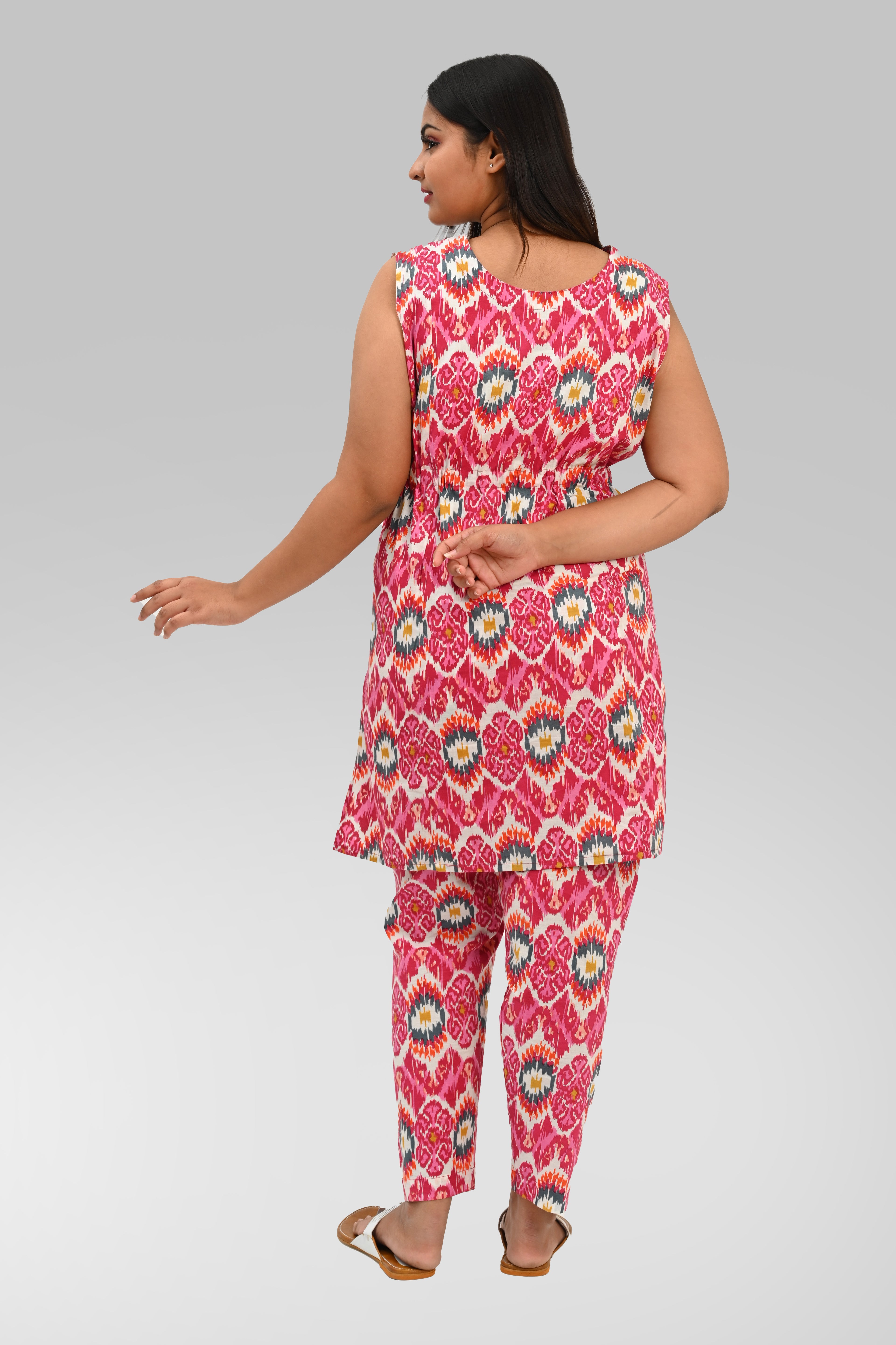 Ikat Maternity and Feeding Kurta Set in Pink
