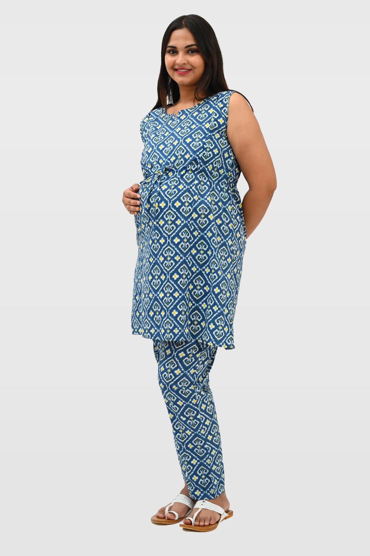 Ikat Maternity and Feeding Kurta Set in Blue