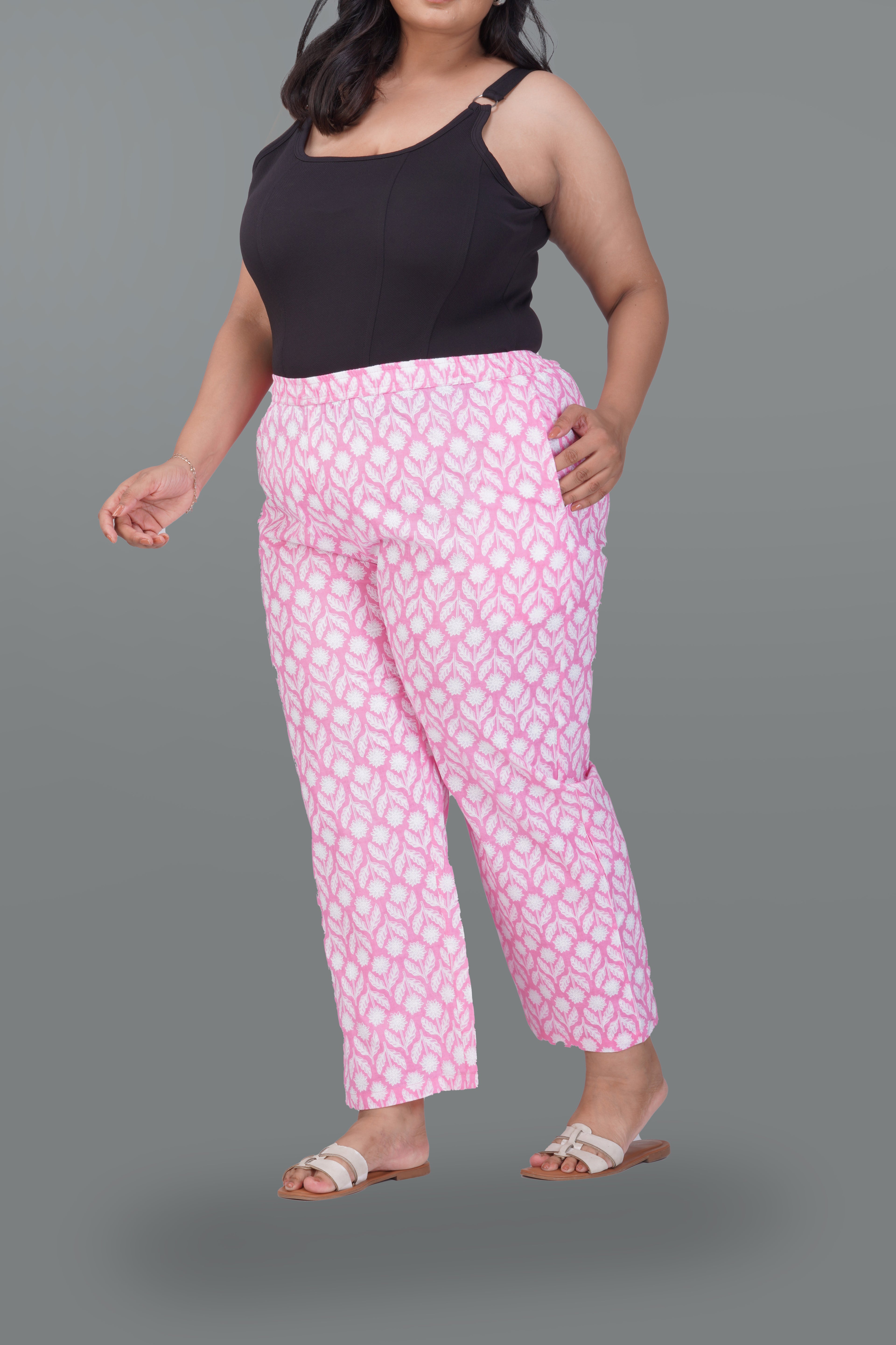 Light Pink Plus Size Cotton Printed Bottom