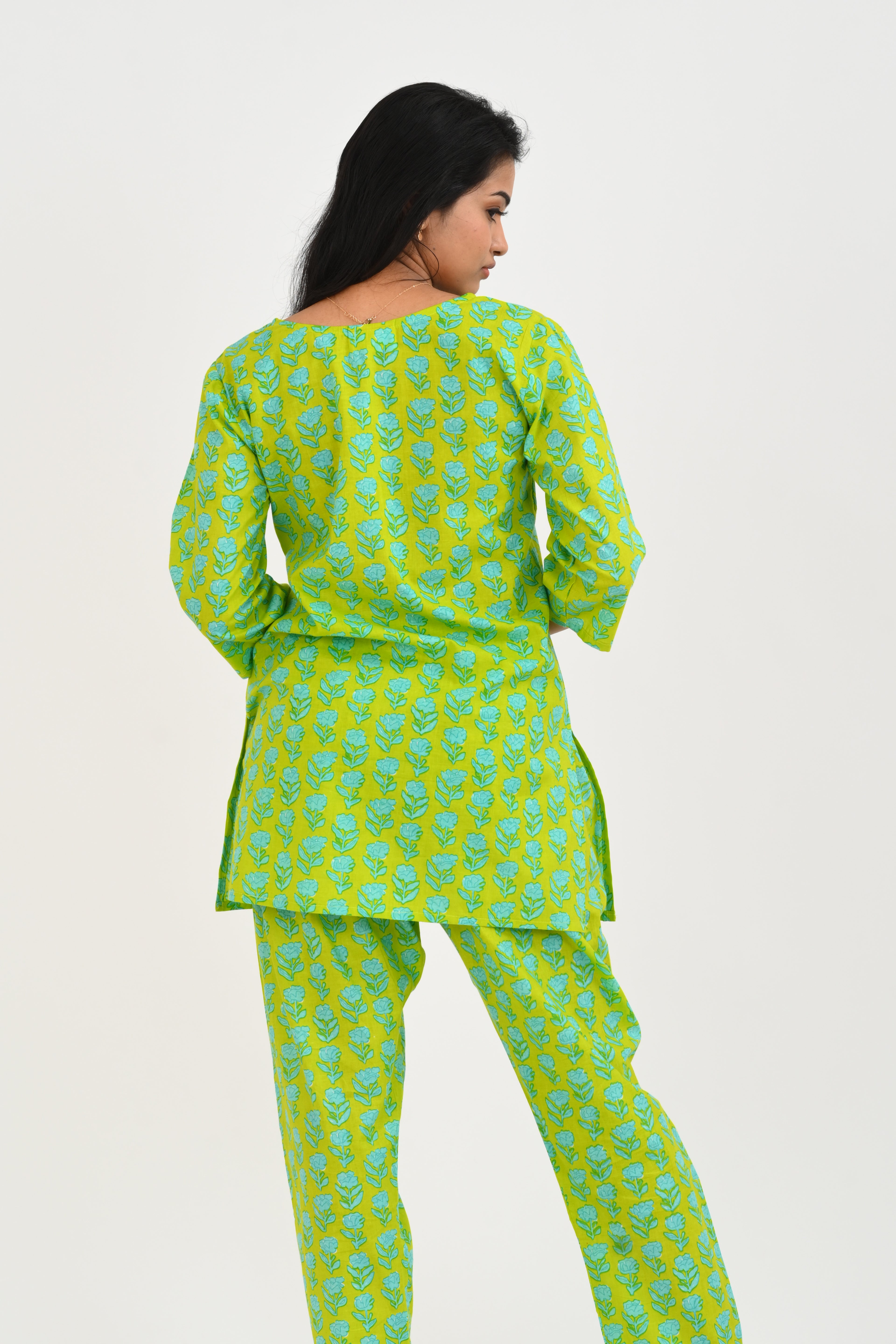 Lime Green Cotton Printed Pyjama Set