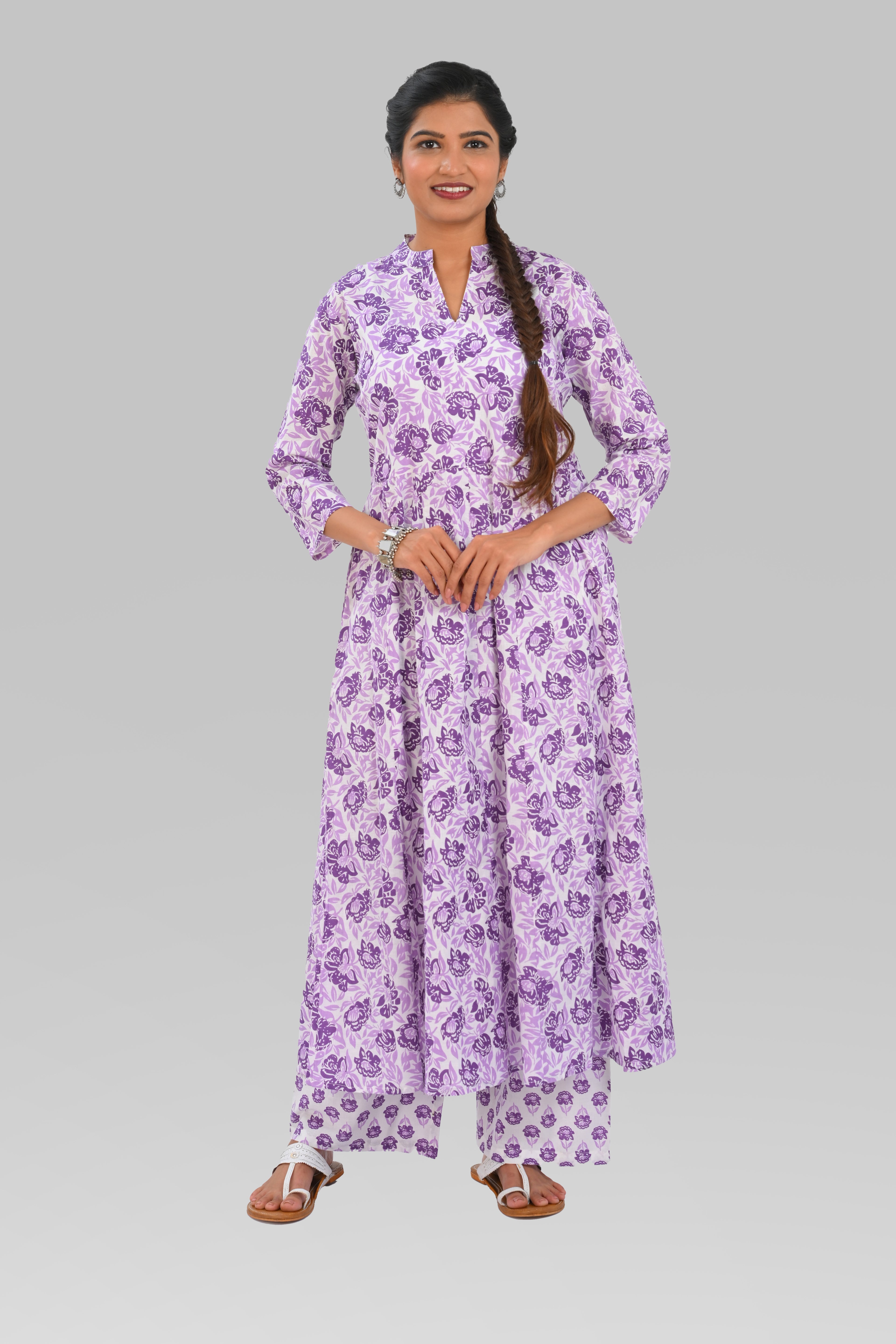 Lavender Purple Cotton Printed Kurta Set