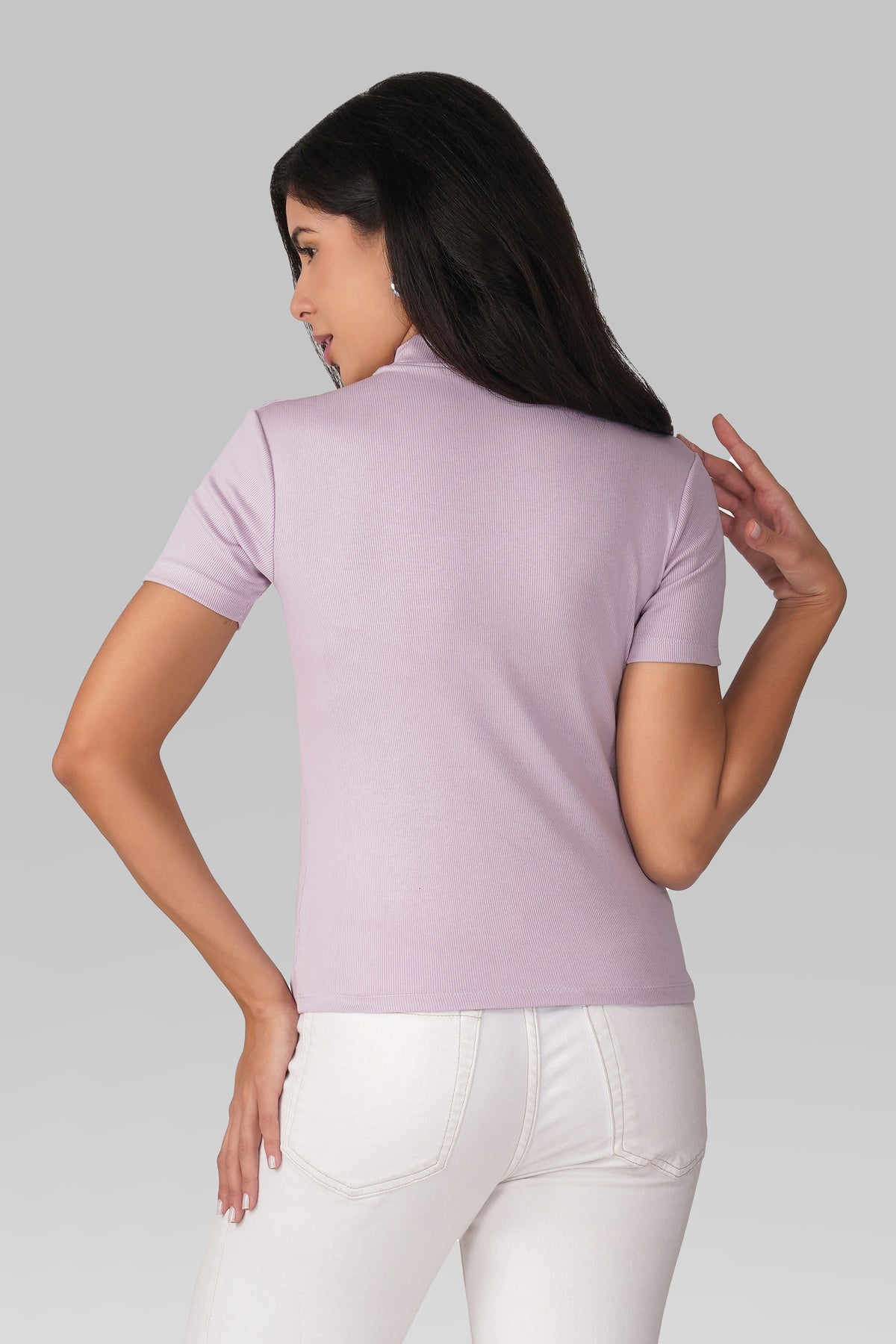 Lavender Ribbed Mock Neck Short Sleeve Top