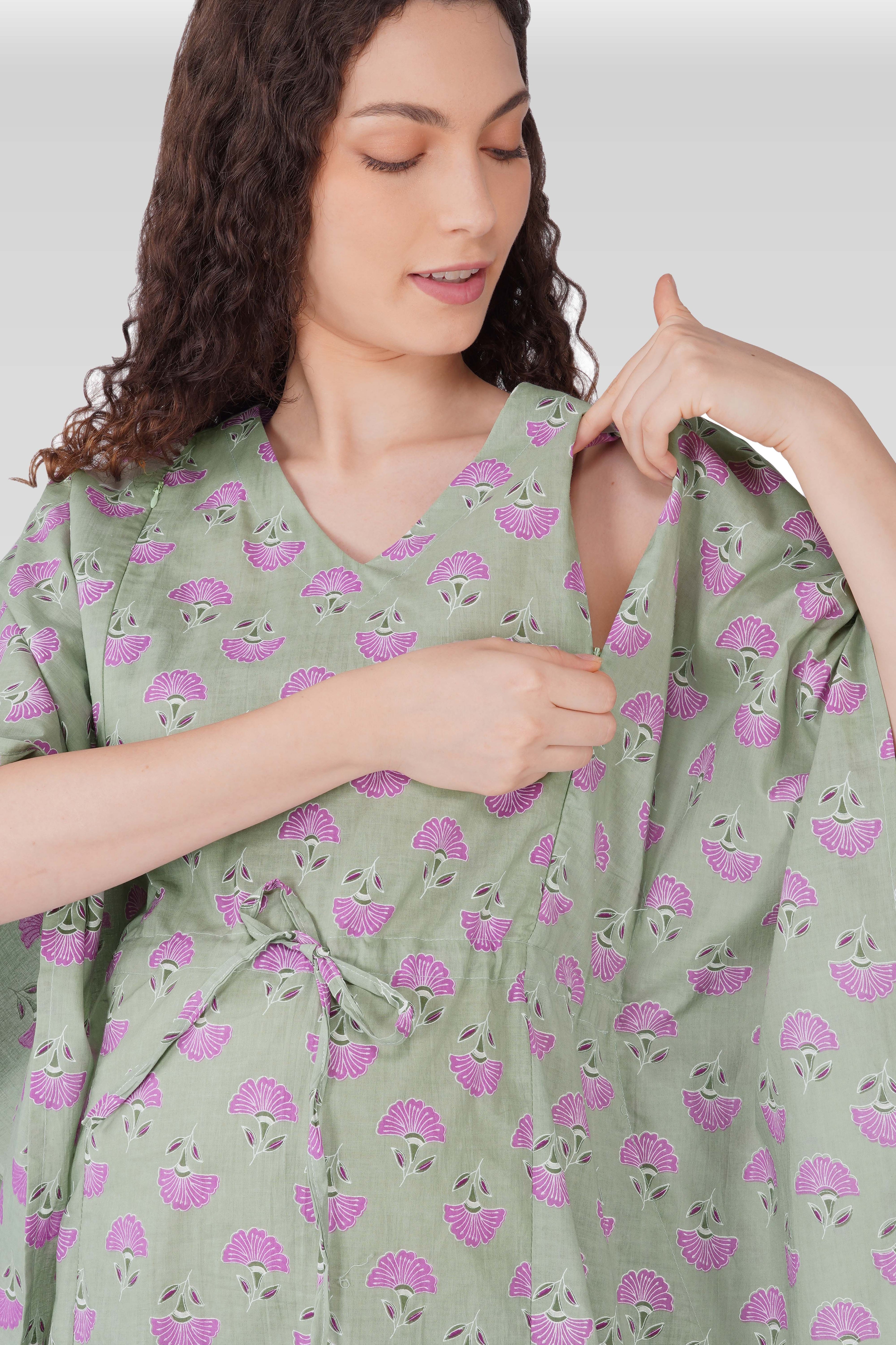 Light Grey Cotton Printed Maternity and Feeding Kaftan Set