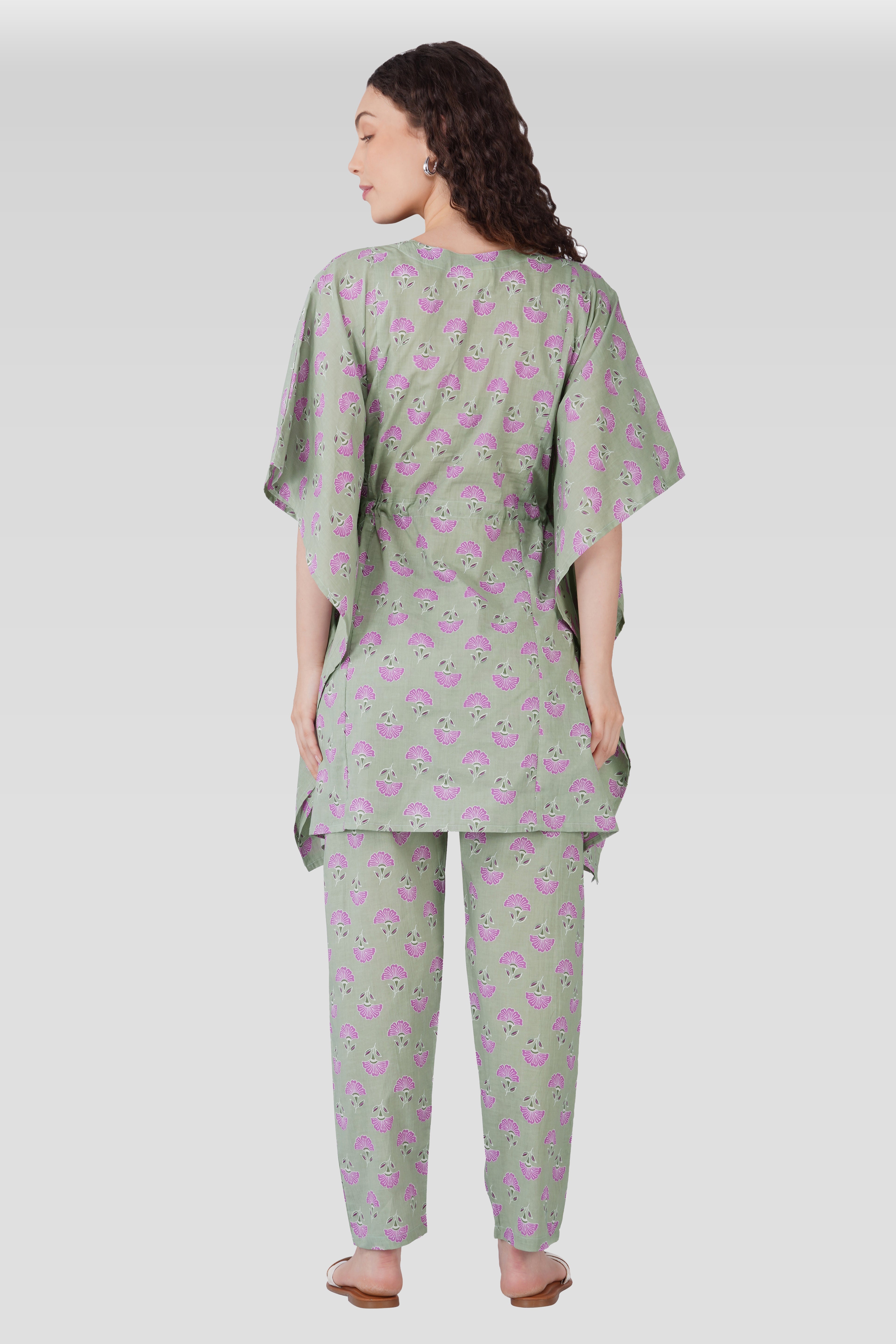 Light Grey Cotton Printed Maternity and Feeding Kaftan Set