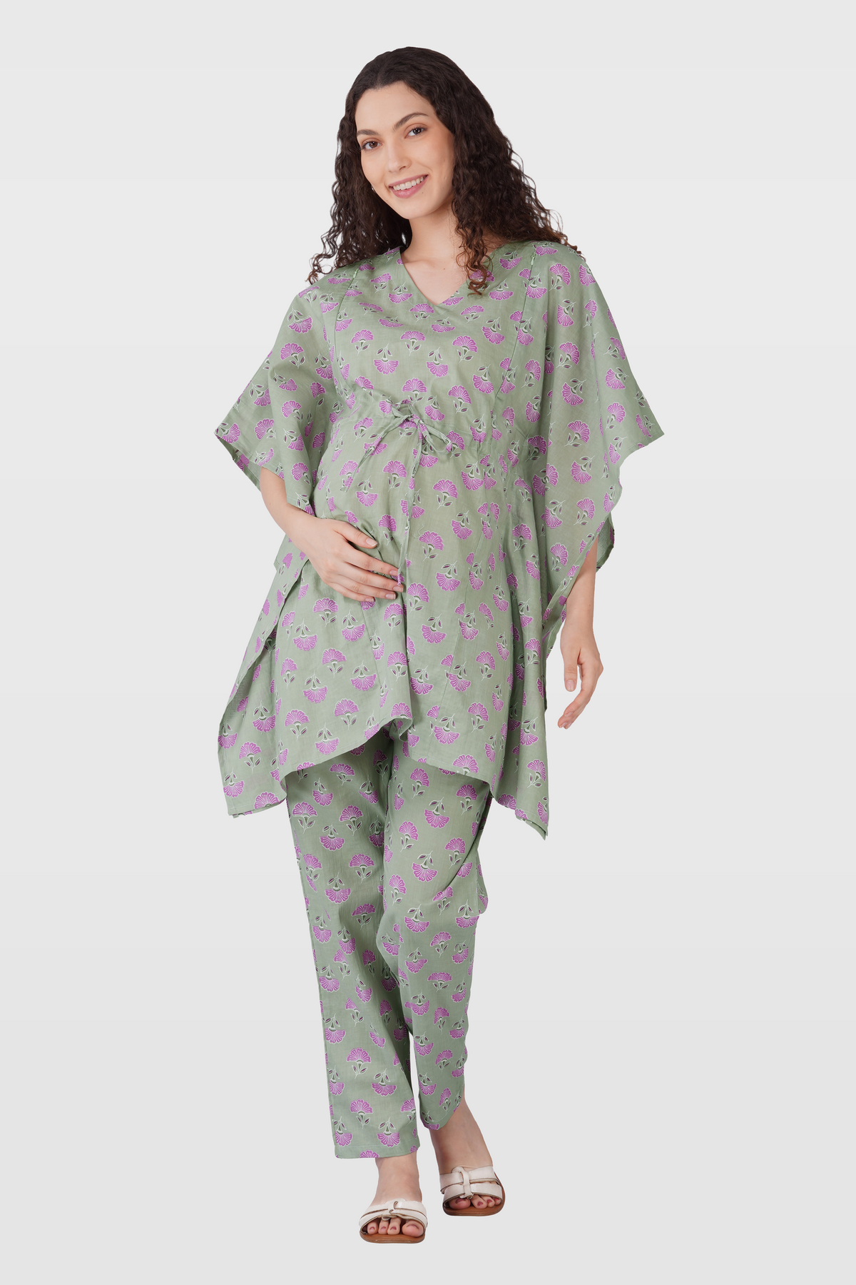 Light Grey Cotton Printed Maternity and Feeding Kaftan Set