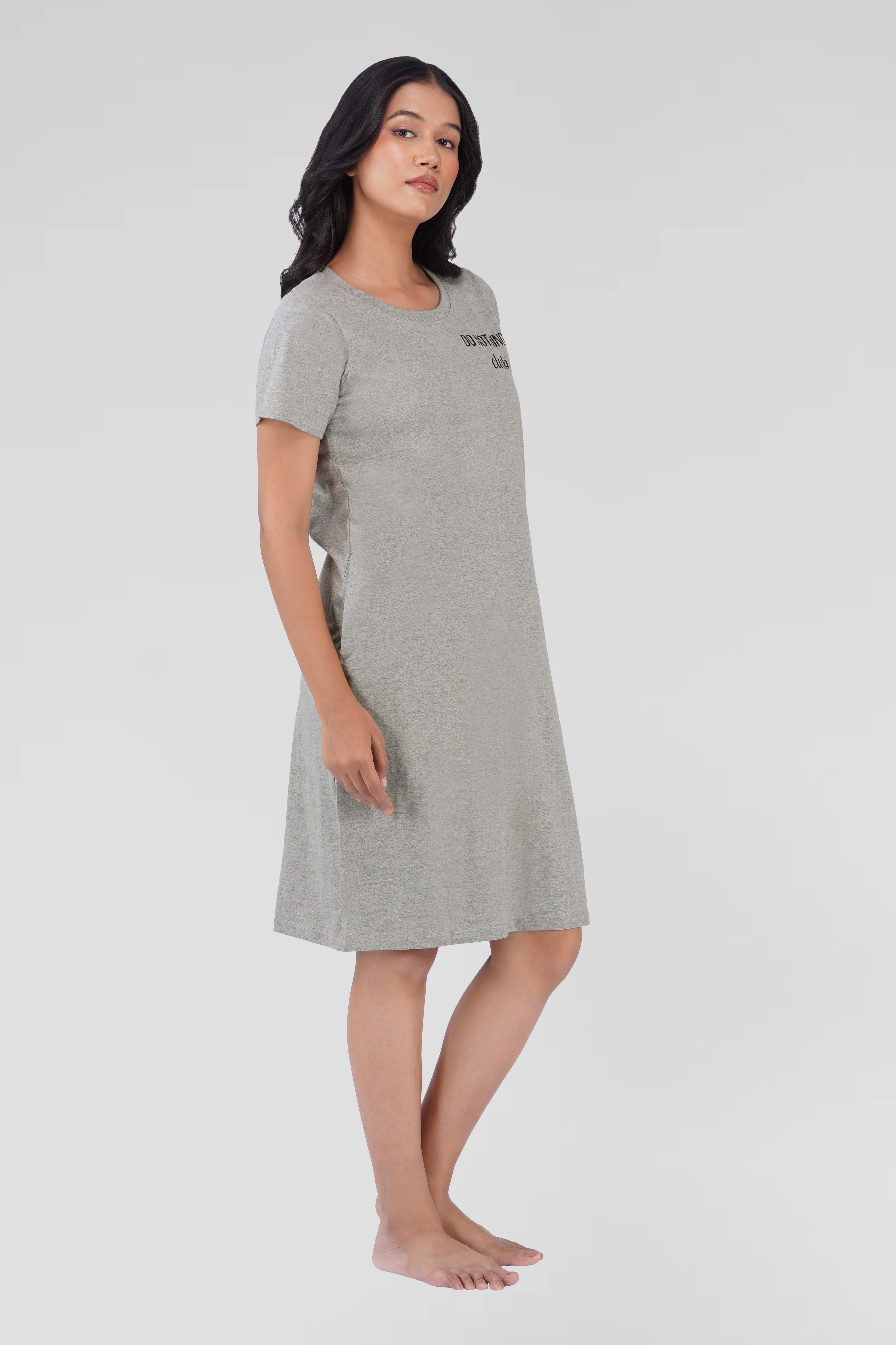 Light Grey Cotton Printed T-Shirt Nightdress