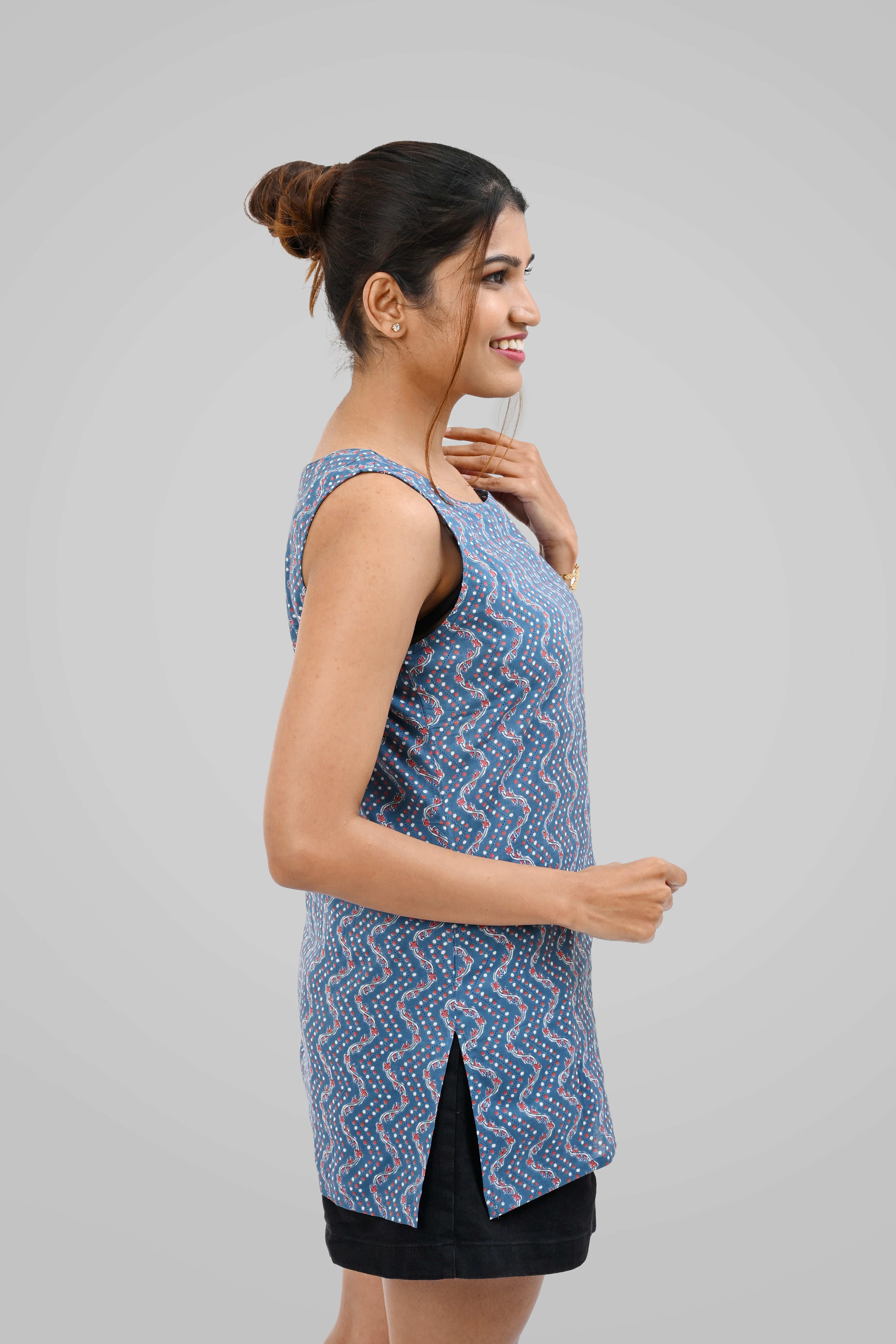 Light Navy Blue Cotton Printed Sleeveless Kurti
