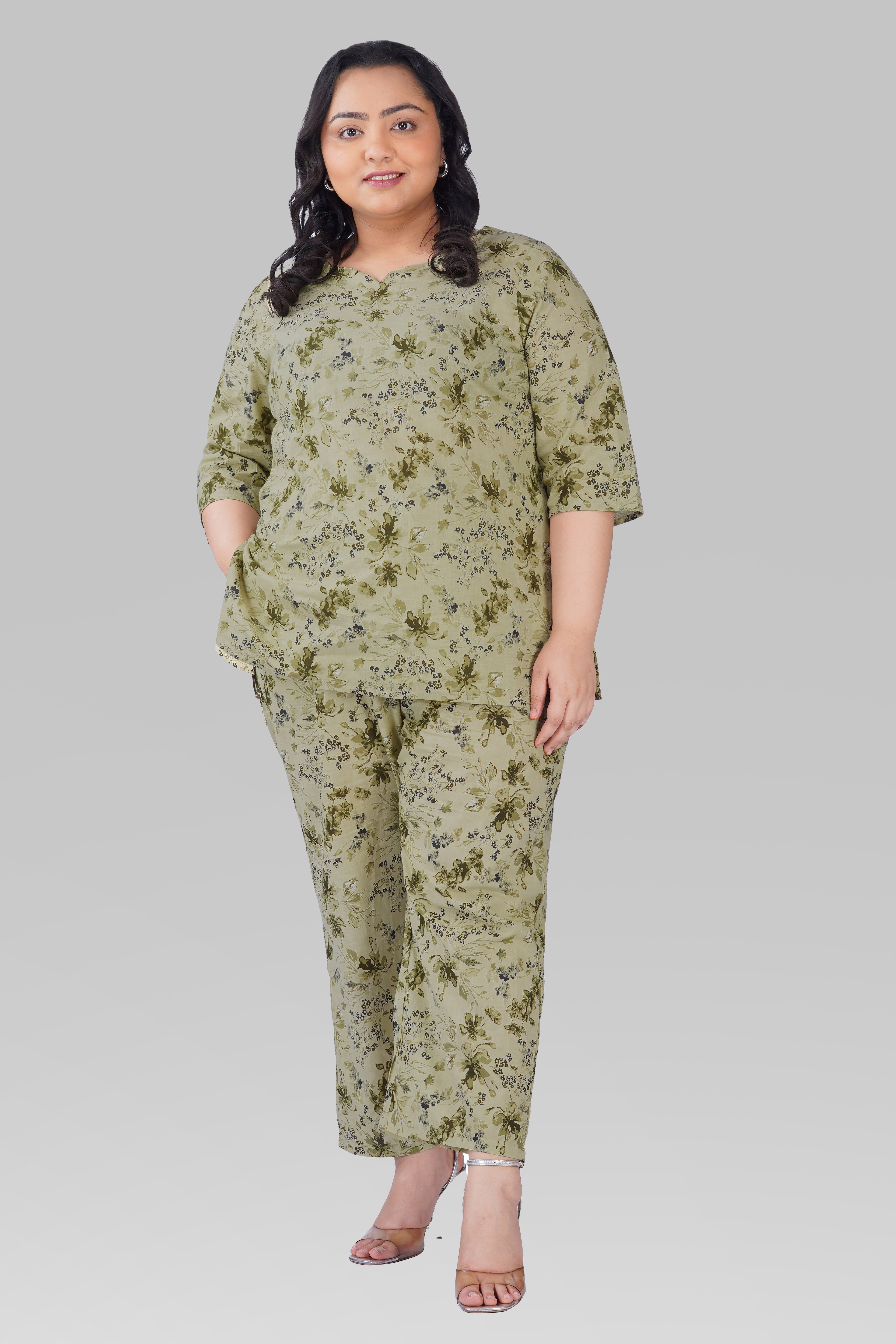 Light Pastel Green Plus Size Cotton Printed Pyjama Set