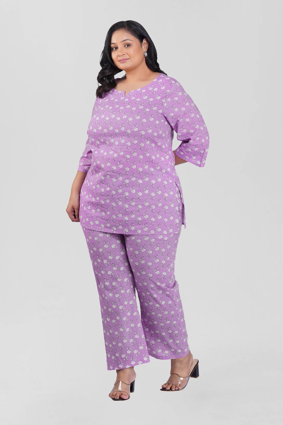 Light Pastel Purple Plus Size Cotton Printed Pyjama Set