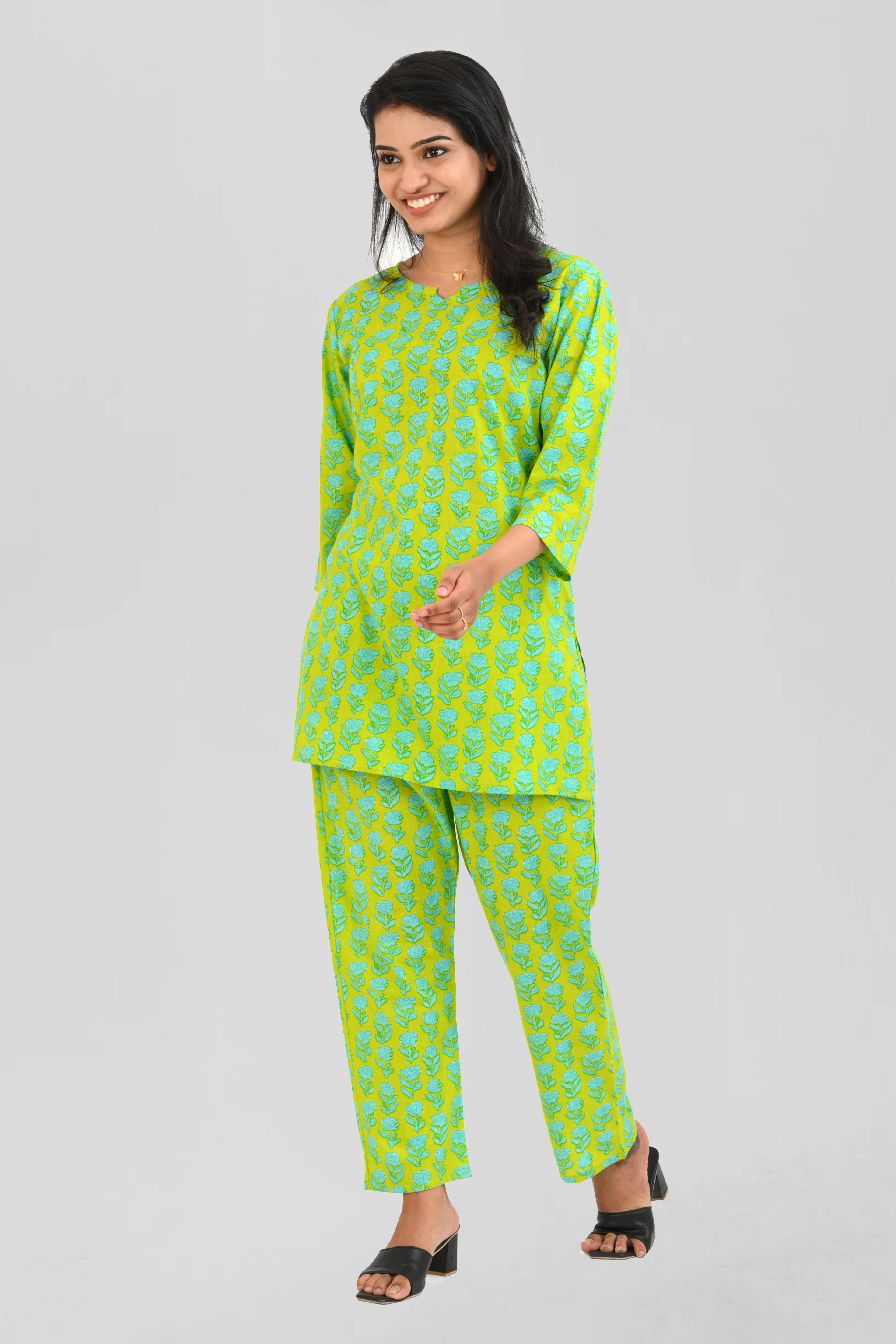 Lime Green Cotton Printed Pyjama Set