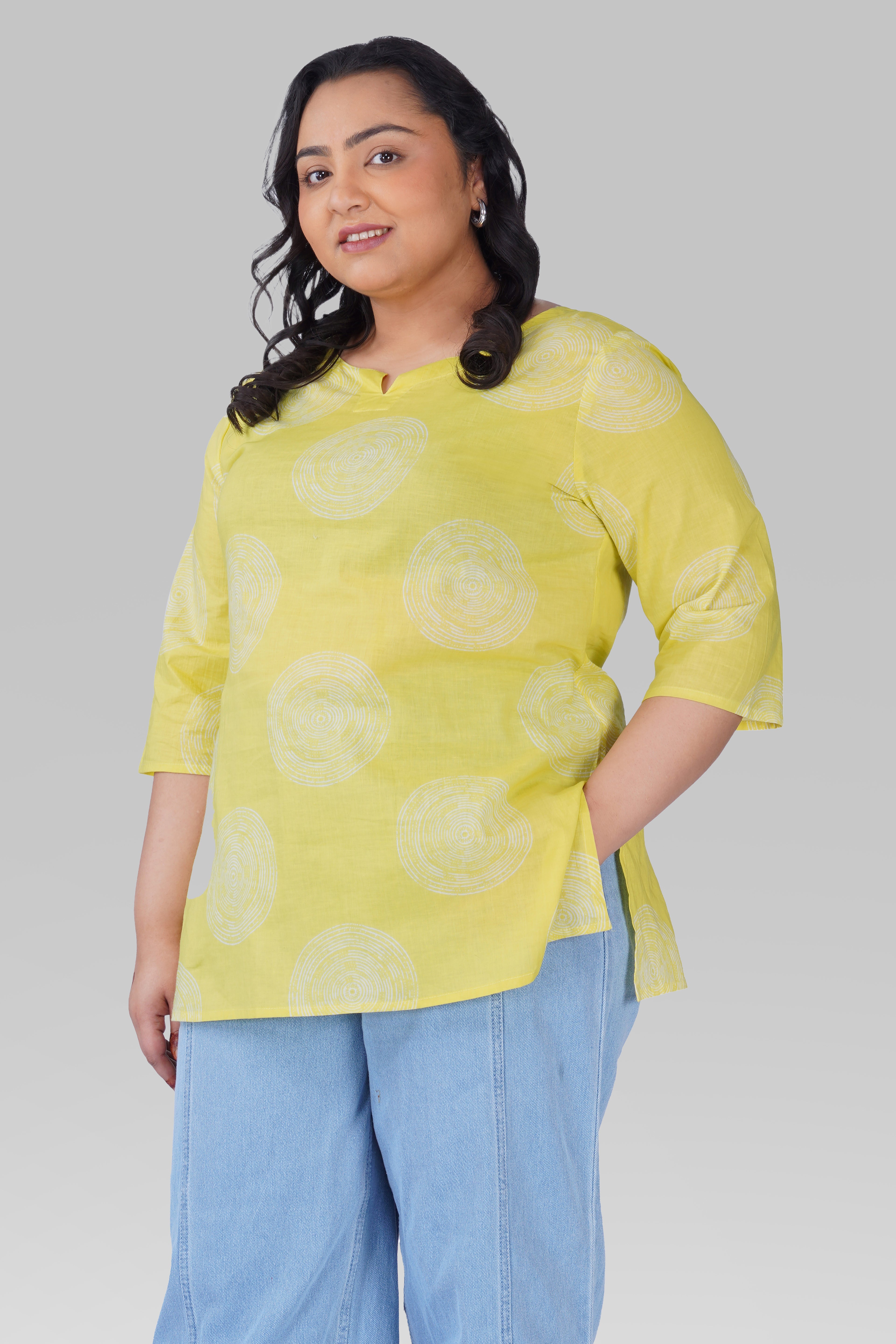 Lime Green Plus Size Cotton Printed Kurti