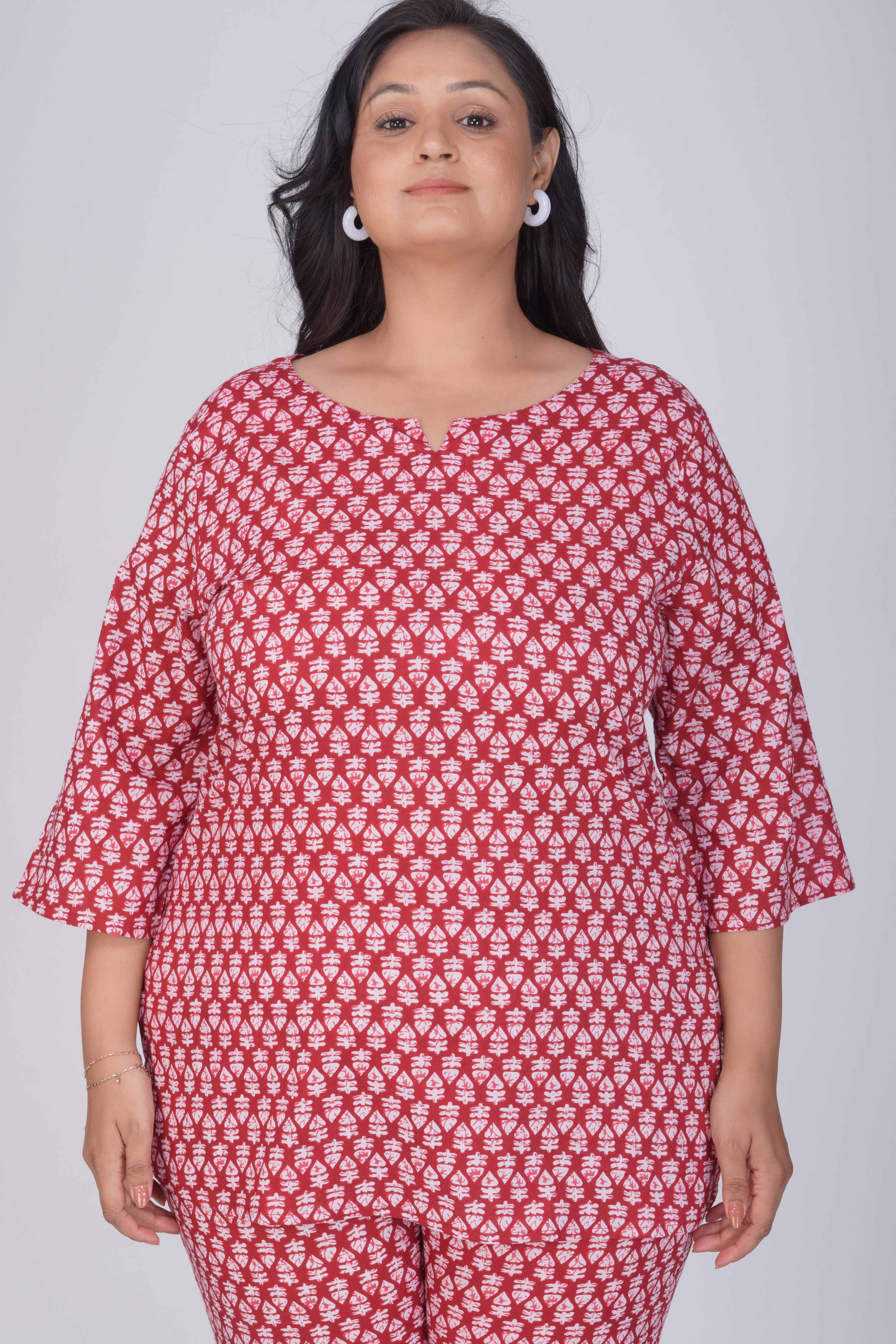 Maroon Plus Size Cotton Printed Pyjama Set