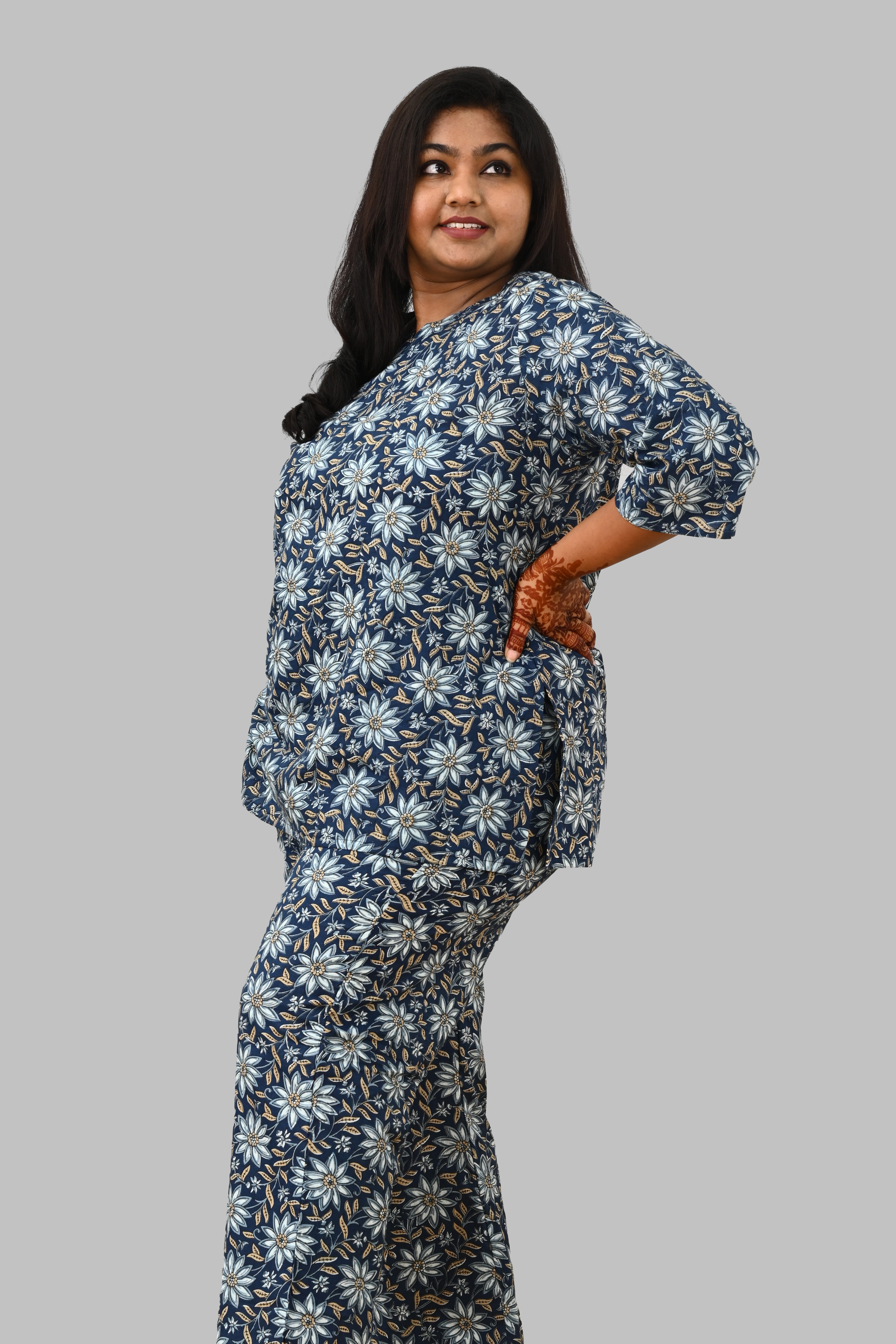 Midnight Blue Plus Size Cotton Printed Pyjama Set