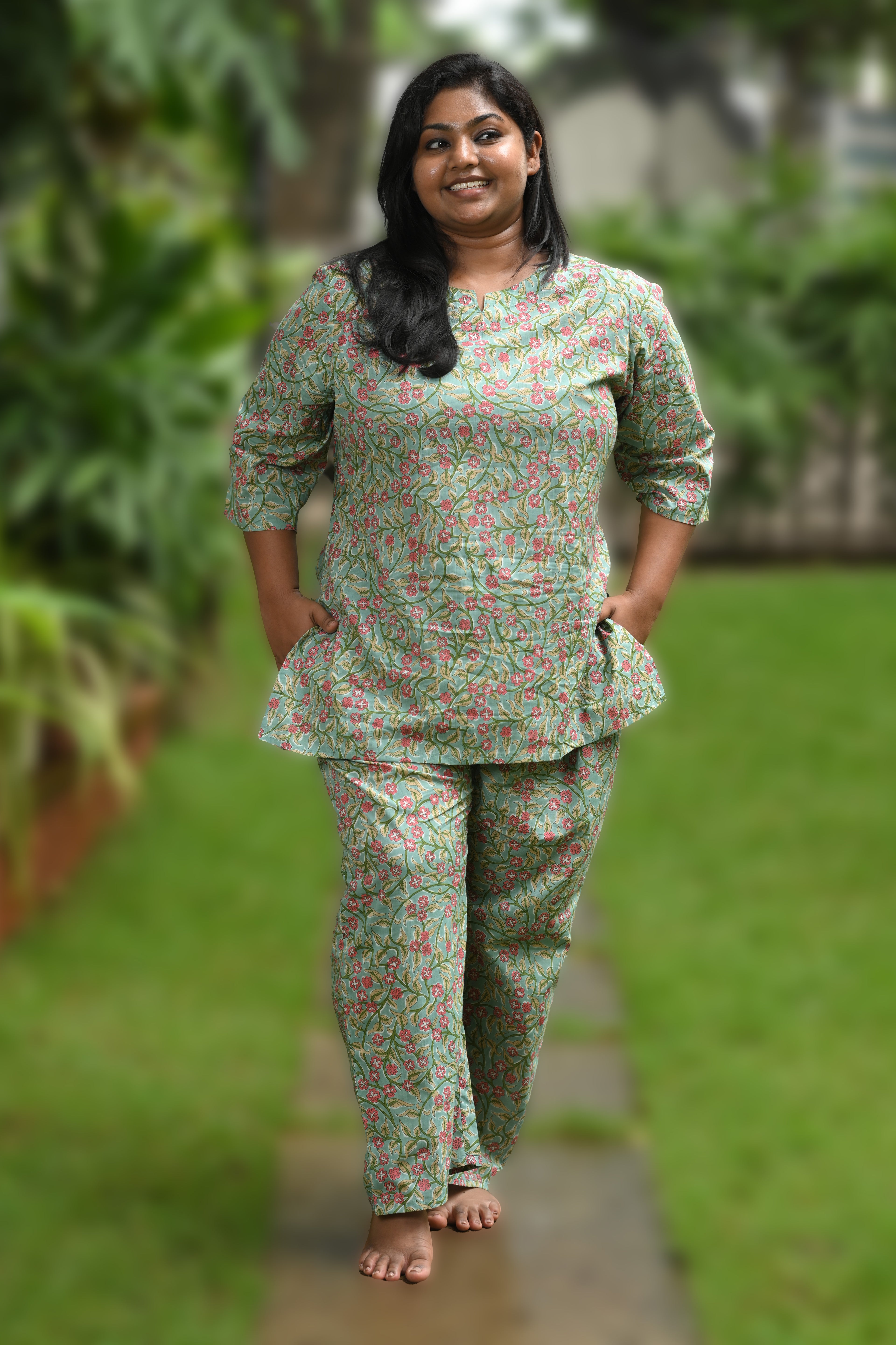 Mint Floral Plus Size Cotton Printed Pyjama Set